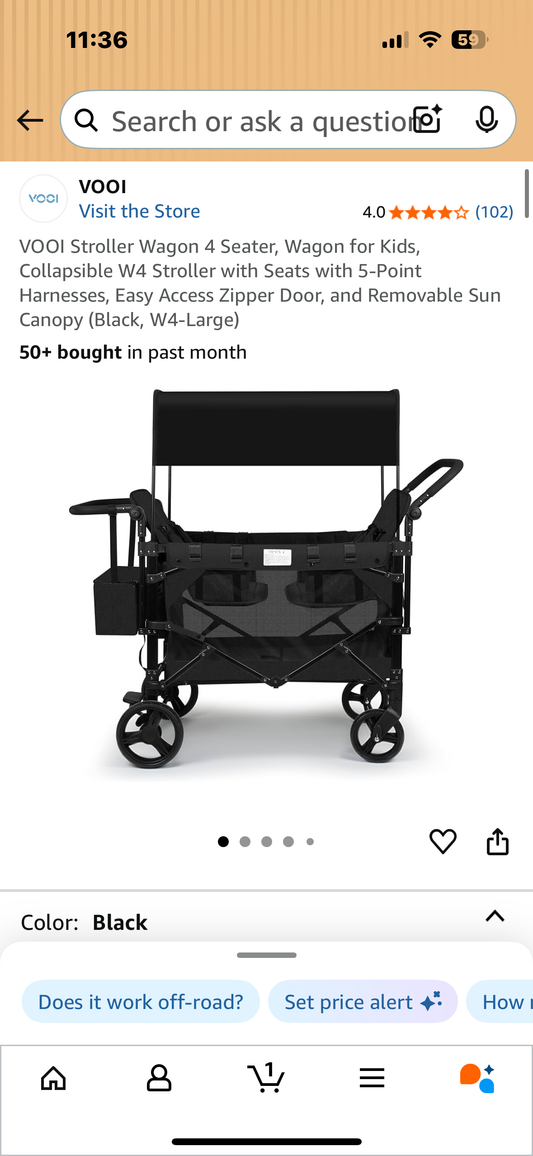 VOOI Stroller Wagon 4 Seater, Wagon for Kids, Collapsible W4 Stroller with Seats with 5-Point Harnesses, Easy Access Zipper Door, and Removable Sun Canopy (Black, W4-Large) (R697)