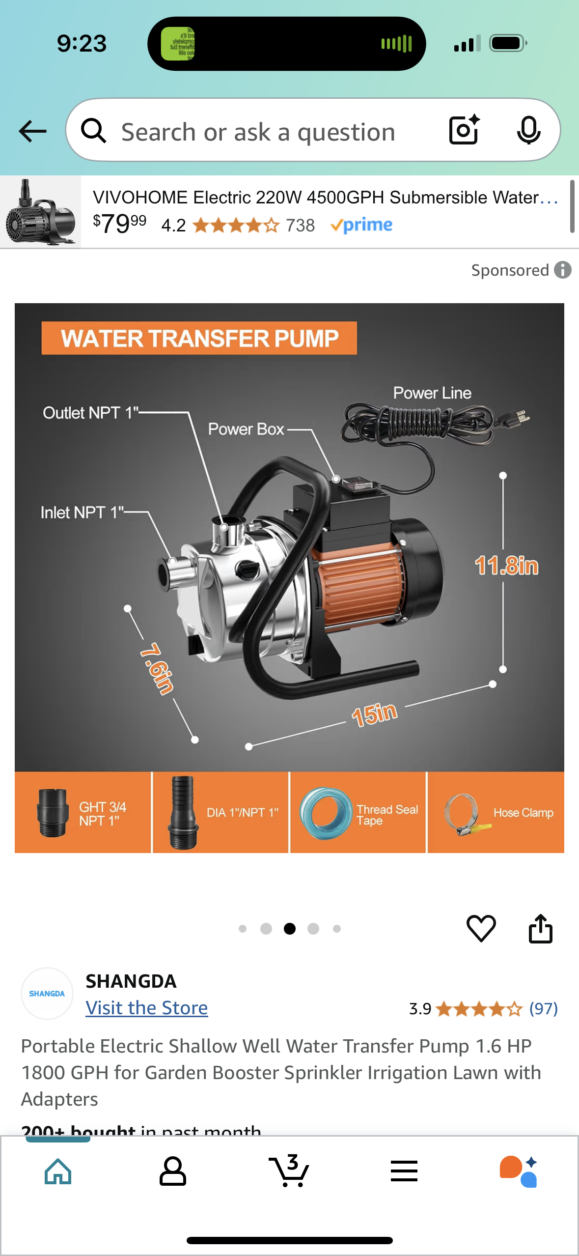 Portable Electric Shallow Well Water Transfer Pump 1.6 HP 1800 GPH for Garden Booster Sprinkler Irrigation Lawn with Adapters