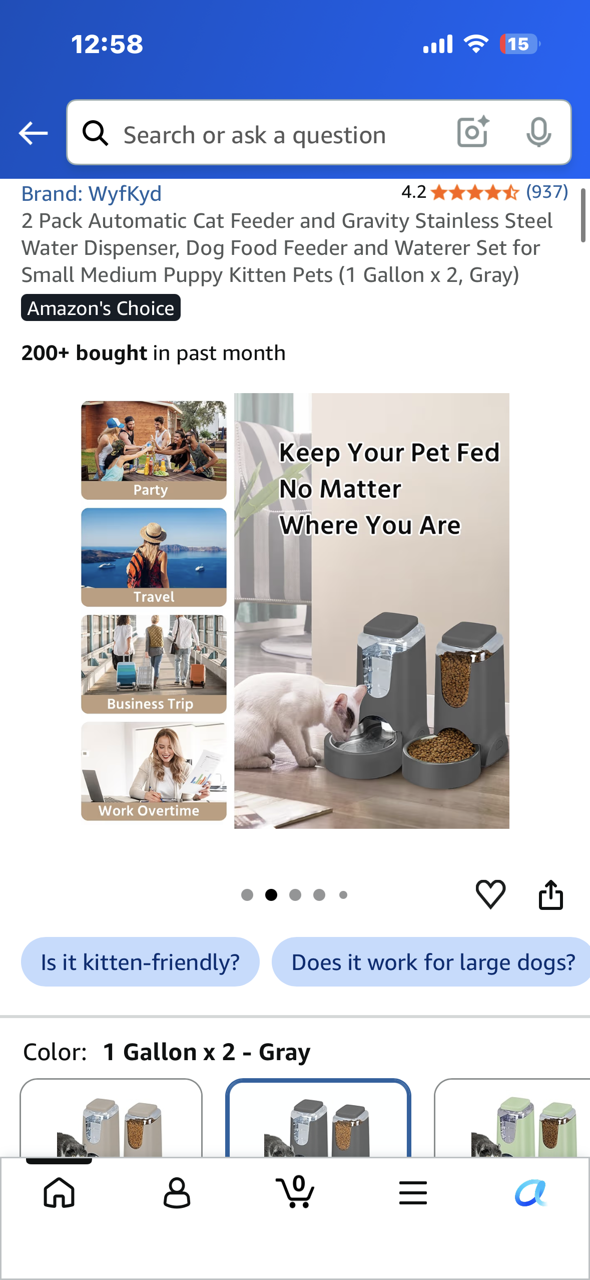 2 Pack Automatic Cat Feeder and Gravity Stainless Steel Water Dispenser, Dog Food Feeder and Waterer Set for Small Medium Puppy Kitten Pets (1 Gallon x 2, Gray)