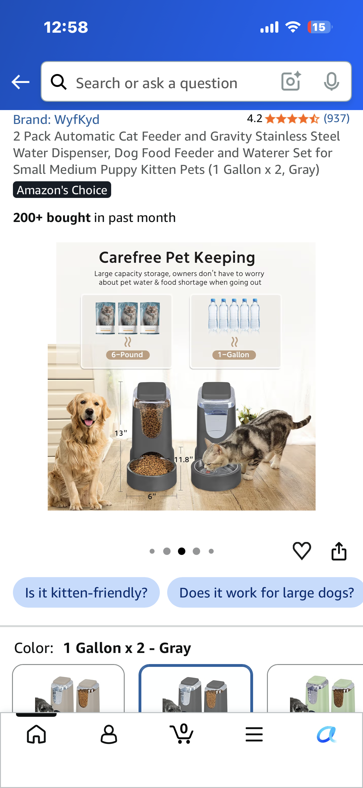 2 Pack Automatic Cat Feeder and Gravity Stainless Steel Water Dispenser, Dog Food Feeder and Waterer Set for Small Medium Puppy Kitten Pets (1 Gallon x 2, Gray)
