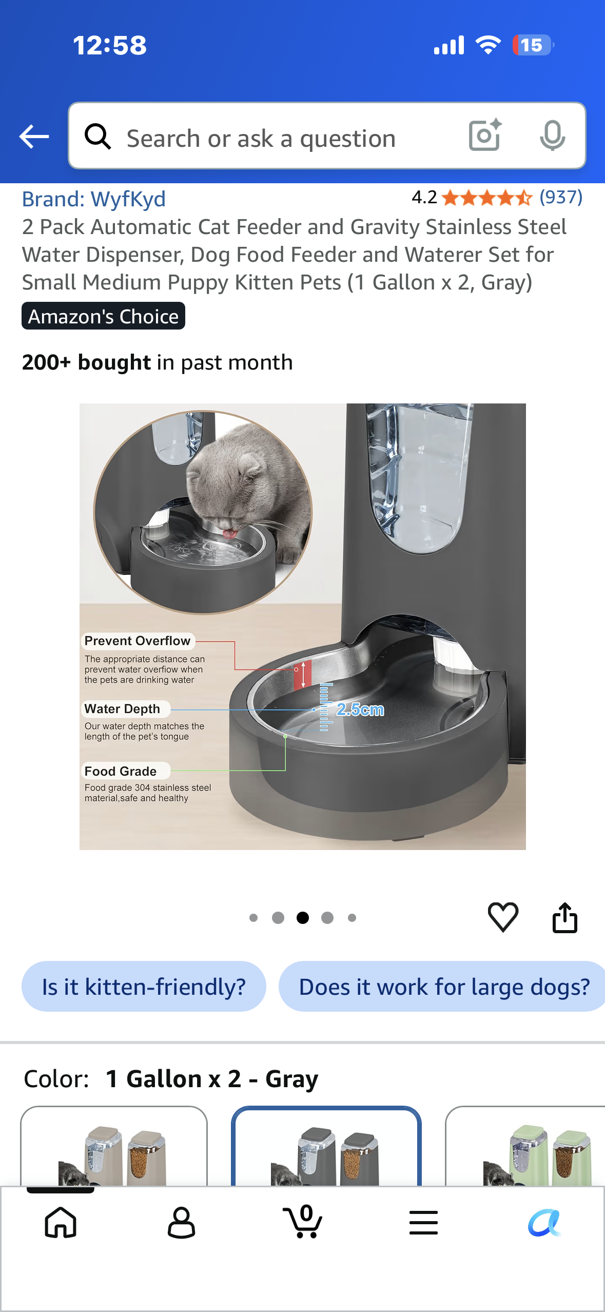 2 Pack Automatic Cat Feeder and Gravity Stainless Steel Water Dispenser, Dog Food Feeder and Waterer Set for Small Medium Puppy Kitten Pets (1 Gallon x 2, Gray)