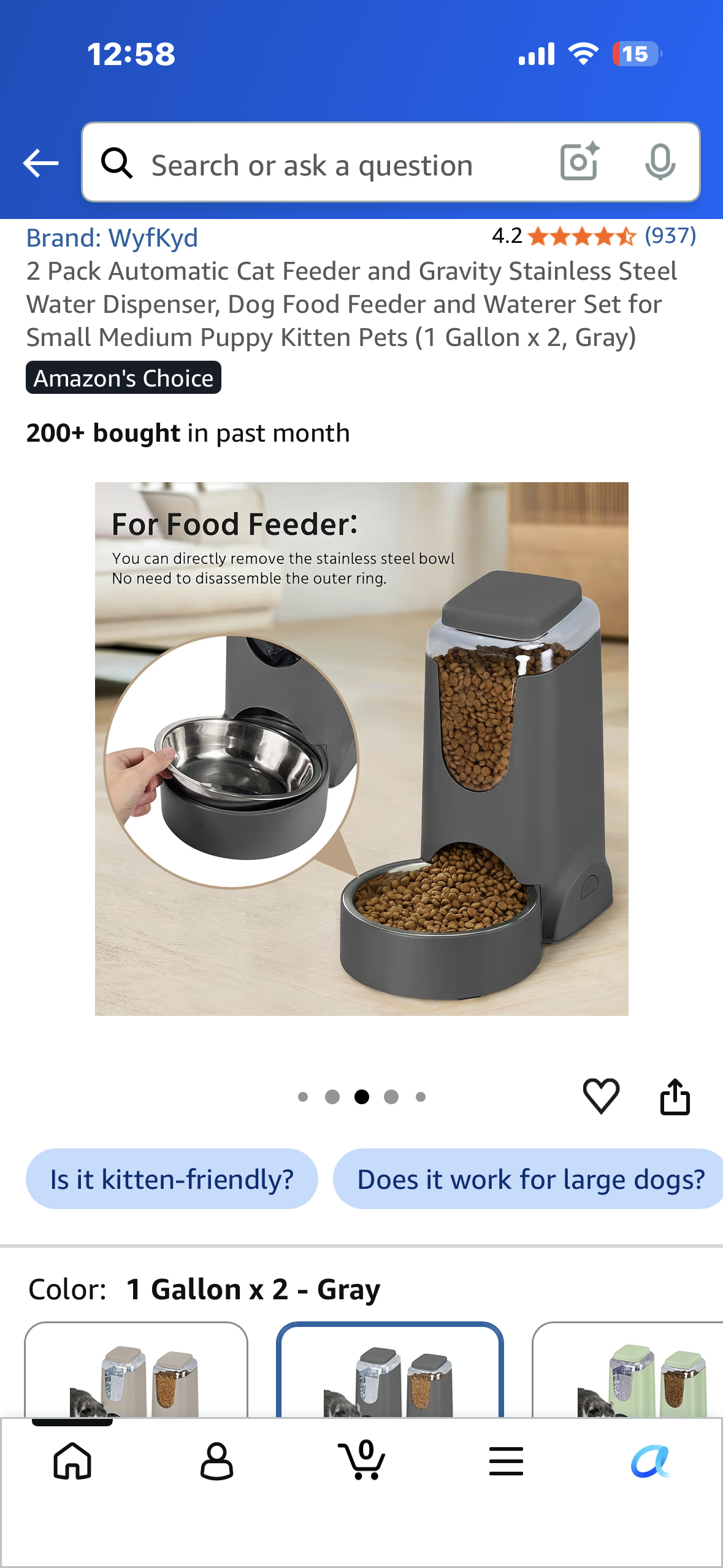 2 Pack Automatic Cat Feeder and Gravity Stainless Steel Water Dispenser, Dog Food Feeder and Waterer Set for Small Medium Puppy Kitten Pets (1 Gallon x 2, Gray)