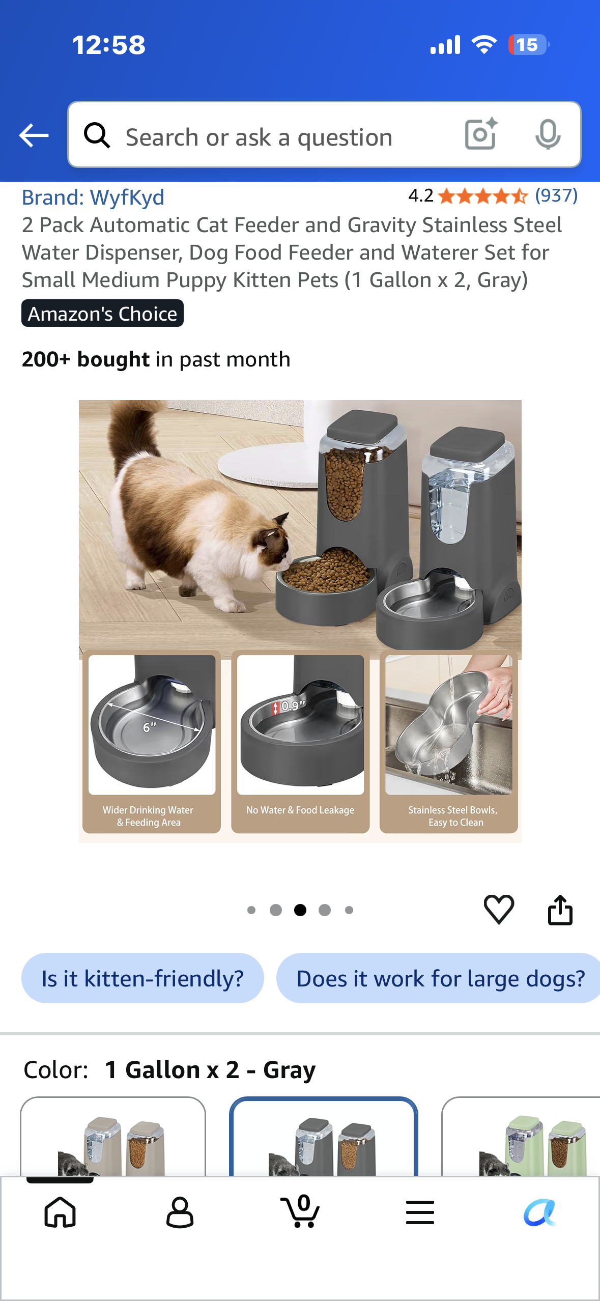 2 Pack Automatic Cat Feeder and Gravity Stainless Steel Water Dispenser, Dog Food Feeder and Waterer Set for Small Medium Puppy Kitten Pets (1 Gallon x 2, Gray)
