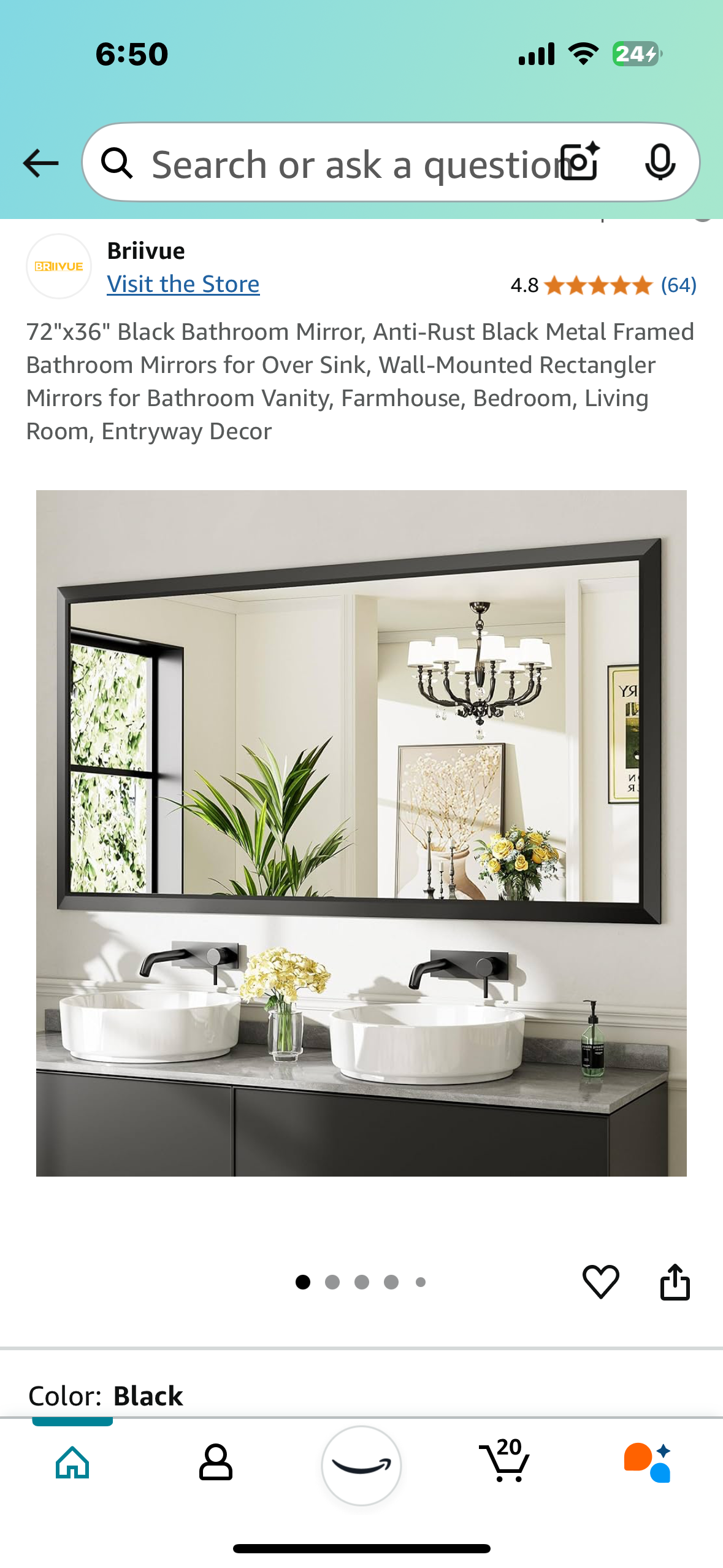 New - 72"x36" Rectangular Mirror, Black Metal Frame,Bathroom, Bedroom, Living Room, Entryway (M325)