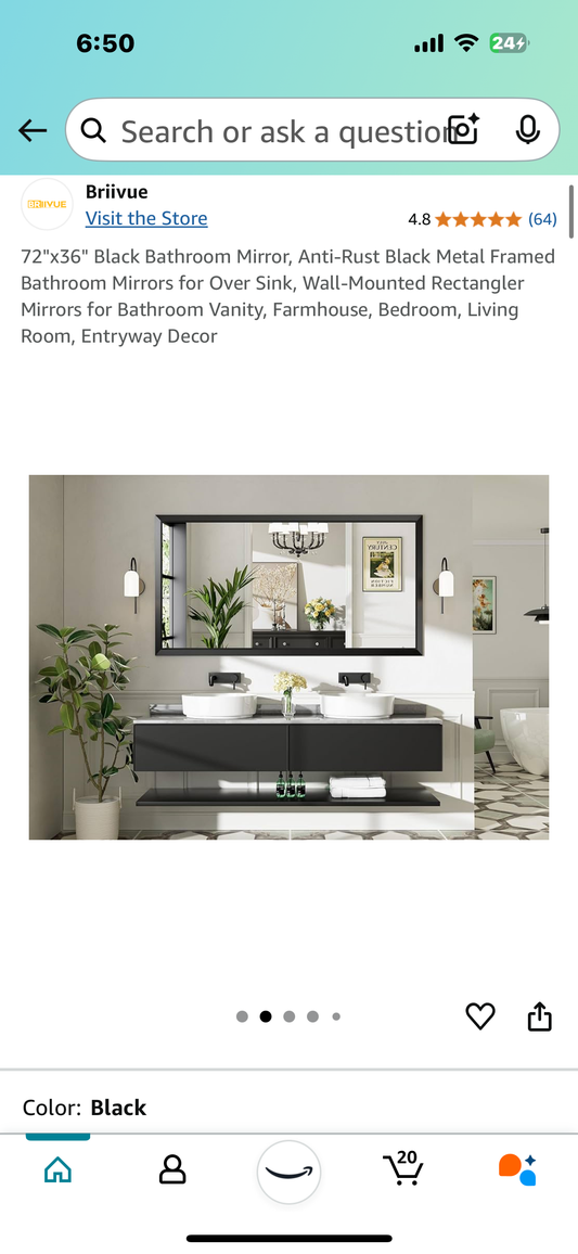 New - 72"x36" Rectangular Mirror, Black Metal Frame,Bathroom, Bedroom, Living Room, Entryway (M325)