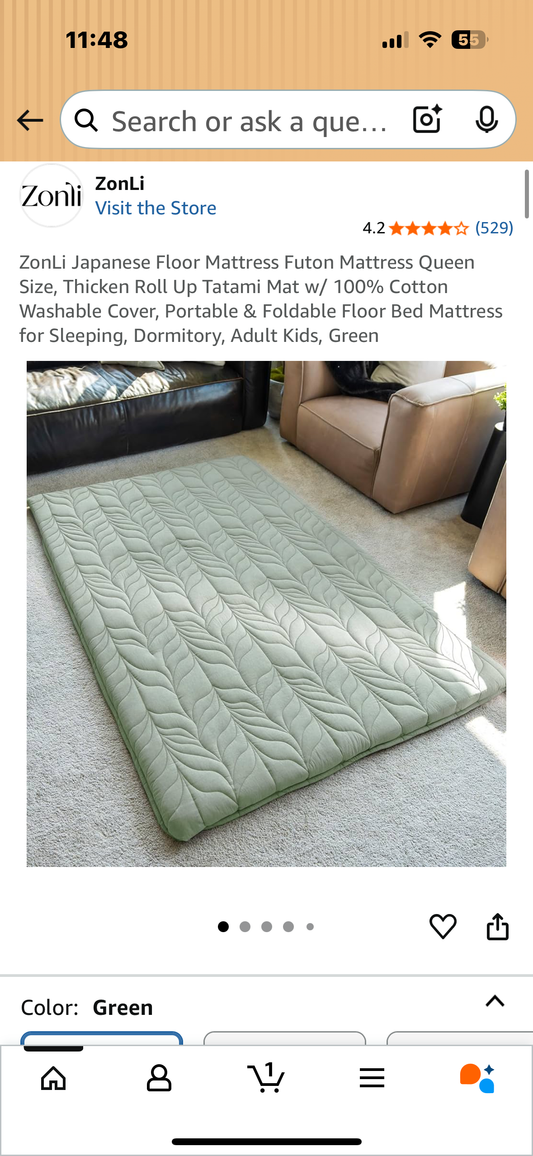 ZonLi Queen Size Japanese Floor Mattress, Futon Mattress, Thick Roll Up Tatami Mat w/ 100% Cotton Washable Cover, Portable & Foldable Tatami Mattress for Sleeping, Dormitory, Green (B1111)