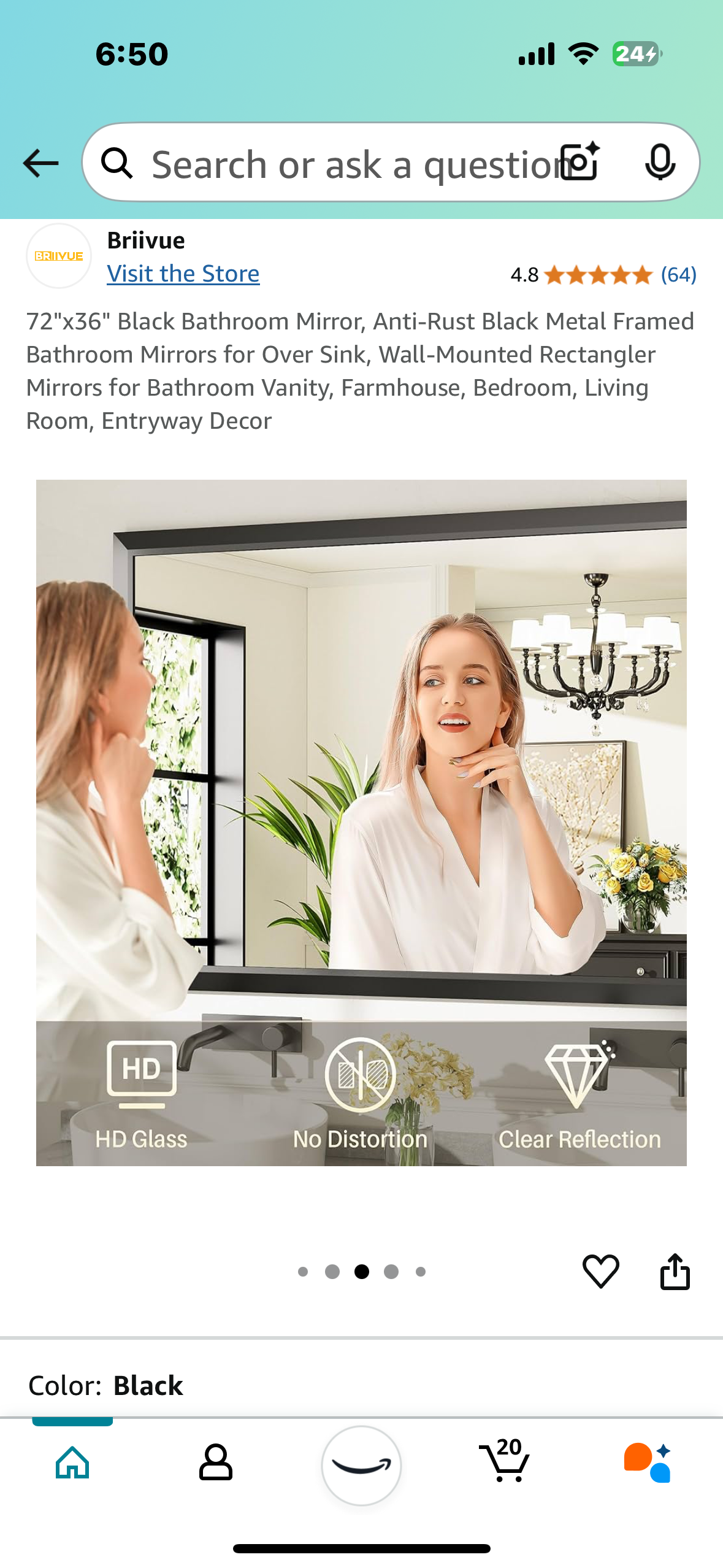 New - 72"x36" Rectangular Mirror, Black Metal Frame,Bathroom, Bedroom, Living Room, Entryway (M325)