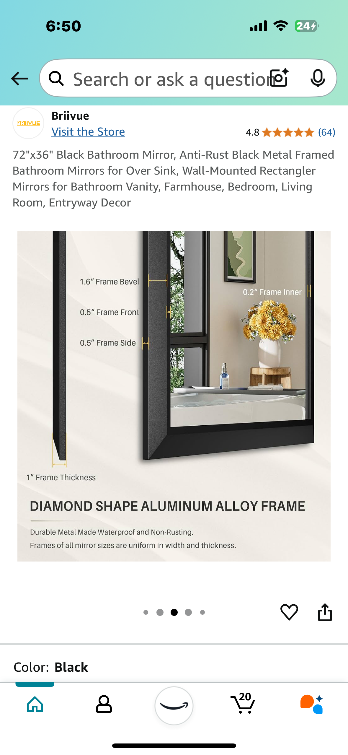 New - 72"x36" Rectangular Mirror, Black Metal Frame,Bathroom, Bedroom, Living Room, Entryway (M325)