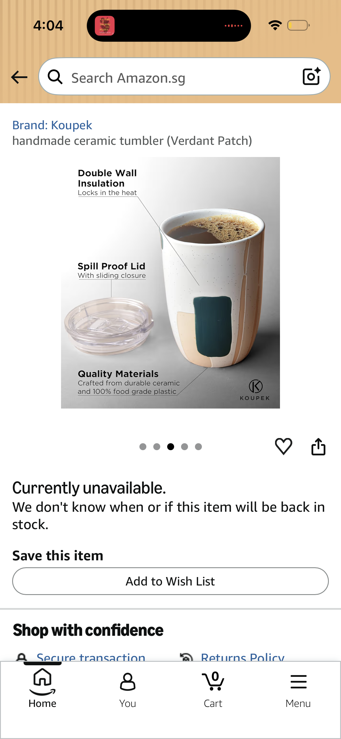 Koupek Double Wall Ceramic Coffee Travel Mug with No-Spill Lid | Handmade Insulated Tumbler | Verdant Patch | 10 oz | Portable | Reusable Cup | Ideal for Travel, Gifts, and Daily Use, Medium