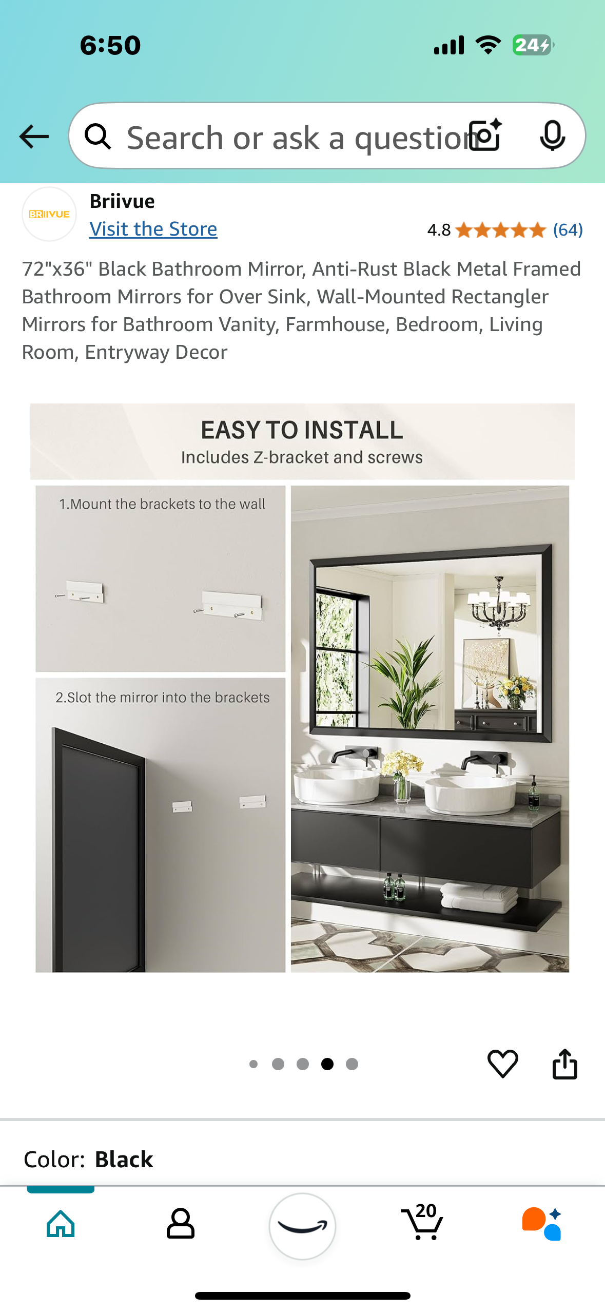 New - 72"x36" Rectangular Mirror, Black Metal Frame,Bathroom, Bedroom, Living Room, Entryway (M325)