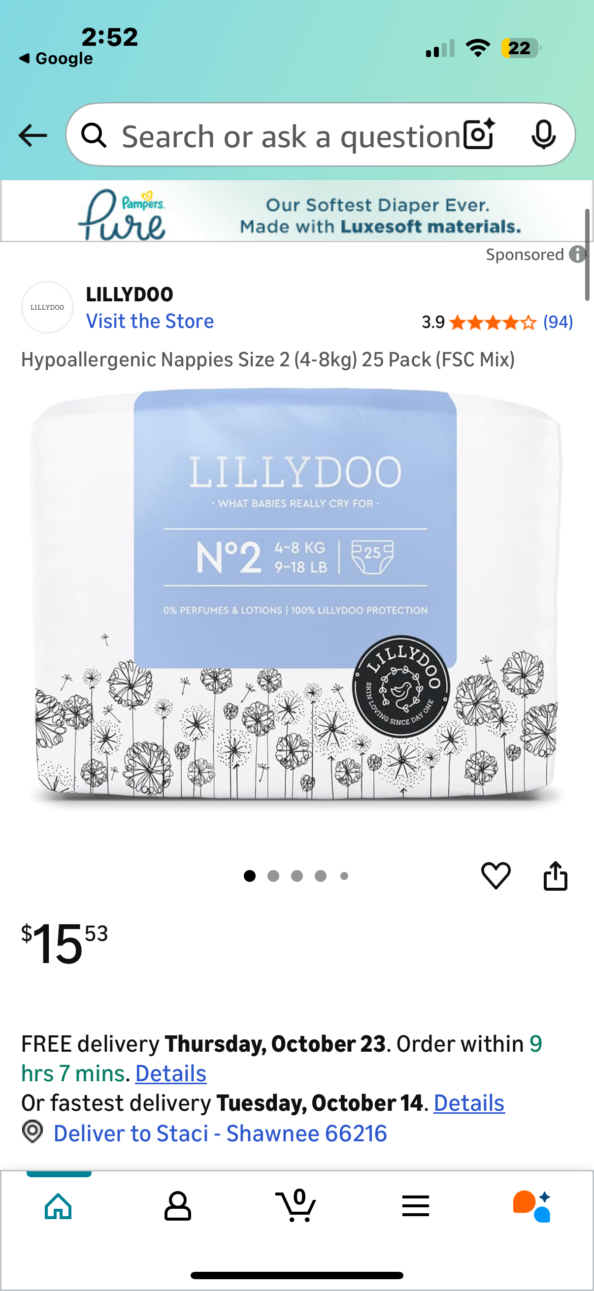 Lillydoo Hypoallergenic Nappies Size 2 (4-8kg, 9-18 lbs) 25 Pack