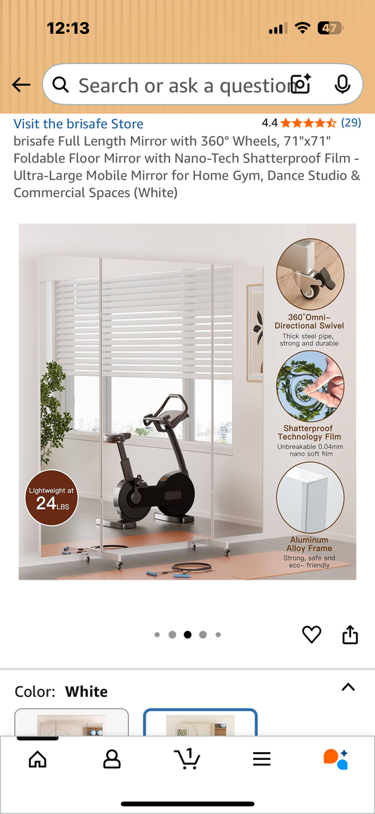brisafe Full Length Mirror with 360° Wheels, 71"x71" Foldable Floor Mirror with Nano-Tech Shatterproof Film - Ultra-Large Mobile Mirror for Home Gym, Dance Studio & Commercial Spaces (White) (M397)