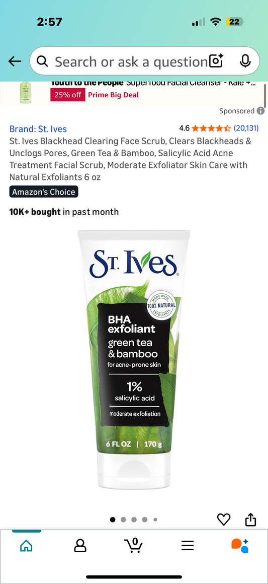 St. Ives Blackhead Clearing Face Scrub, Clears Blackheads & Unclogs Pores, Green Tea & Bamboo, Salicylic Acid Acne Treatment Facial Scrub, Moderate Exfoliator Skin Care with Natural Exfoliants 6 oz