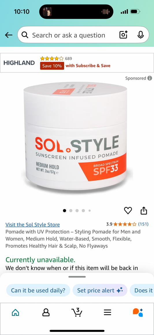 Pomade with UV Protection – Styling Pomade for Men and Women, Medium Hold, Water-Based, Smooth, Flexible, Promotes Healthy Hair & Scalp, No Flyaways