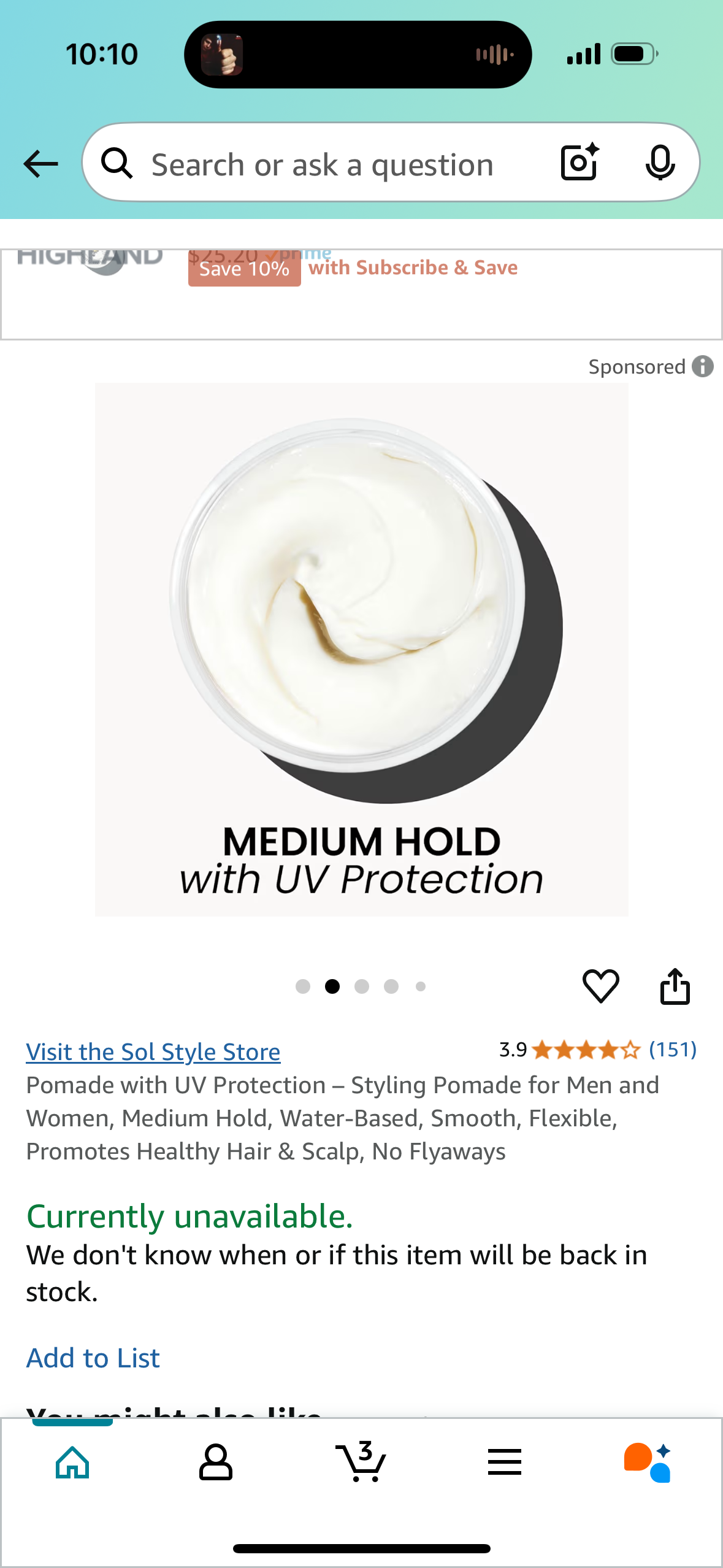 Pomade with UV Protection – Styling Pomade for Men and Women, Medium Hold, Water-Based, Smooth, Flexible, Promotes Healthy Hair & Scalp, No Flyaways