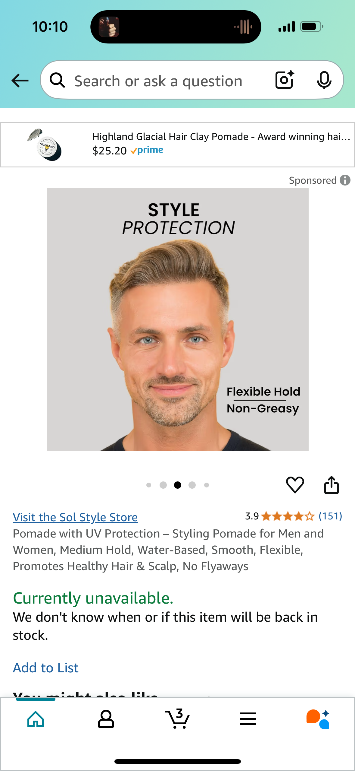 Pomade with UV Protection – Styling Pomade for Men and Women, Medium Hold, Water-Based, Smooth, Flexible, Promotes Healthy Hair & Scalp, No Flyaways