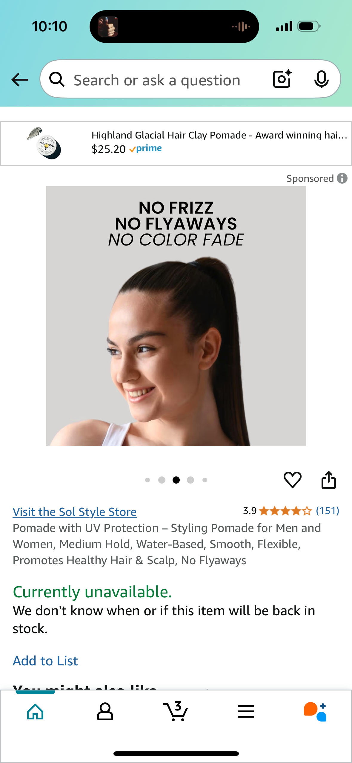 Pomade with UV Protection – Styling Pomade for Men and Women, Medium Hold, Water-Based, Smooth, Flexible, Promotes Healthy Hair & Scalp, No Flyaways