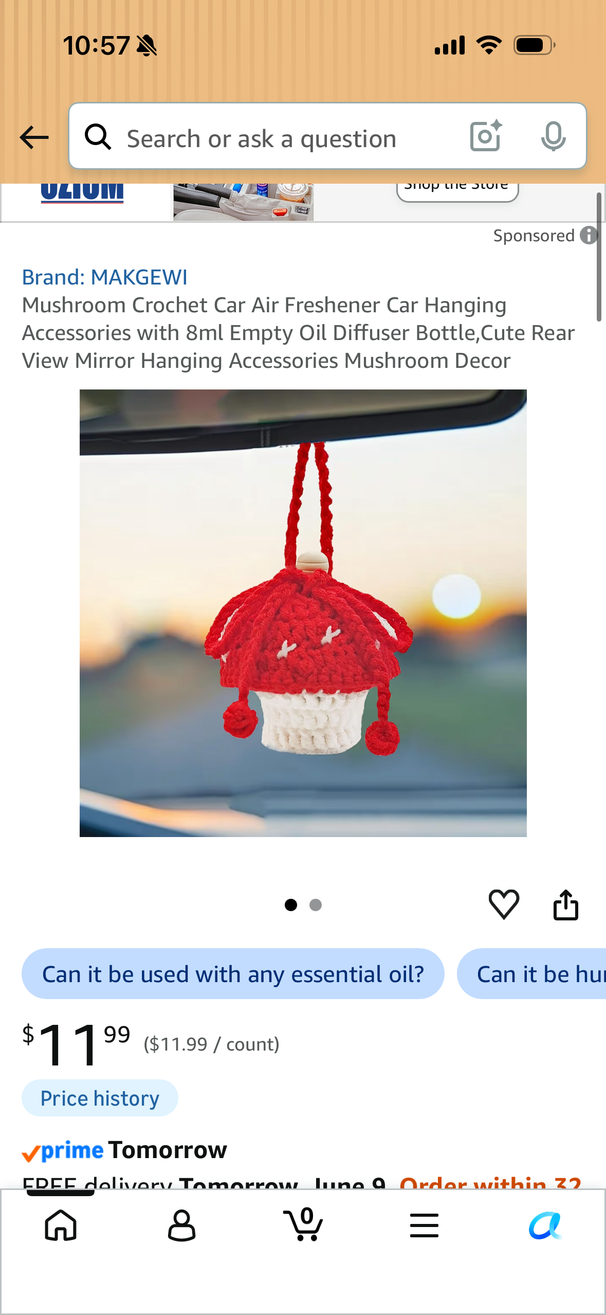 Mushroom Crochet Car Air Freshener Car Hanging Accessories with 8ml Empty Oil Diffuser Bottle,Cute Rear View Mirror Hanging Accessories Mushroom Decor