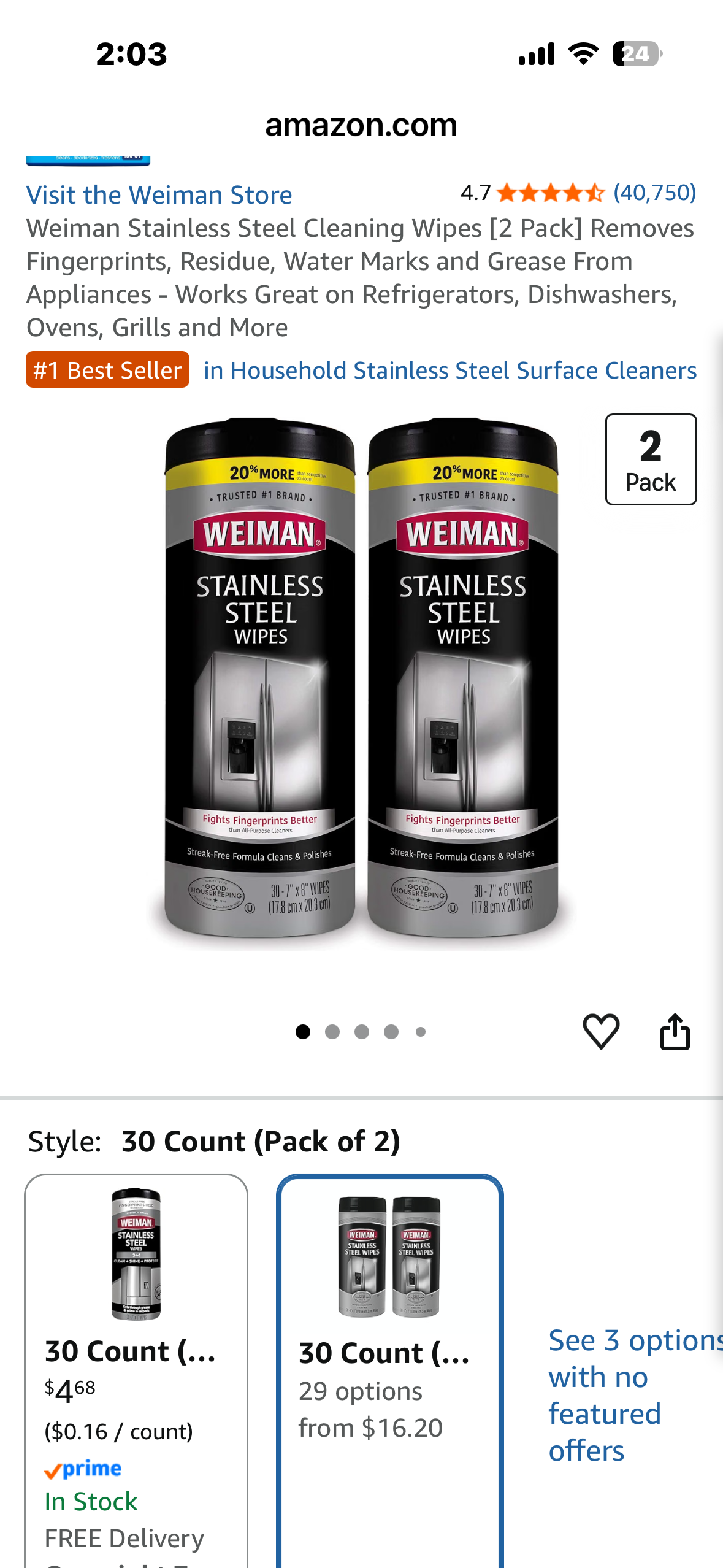 Weiman Stainless Steel Cleaning Wipes [2 Pack] Removes Fingerprints, Residue, Water Marks and Grease From Appliances - Works Great on Refrigerators, Dishwashers, Ovens, Grills and More