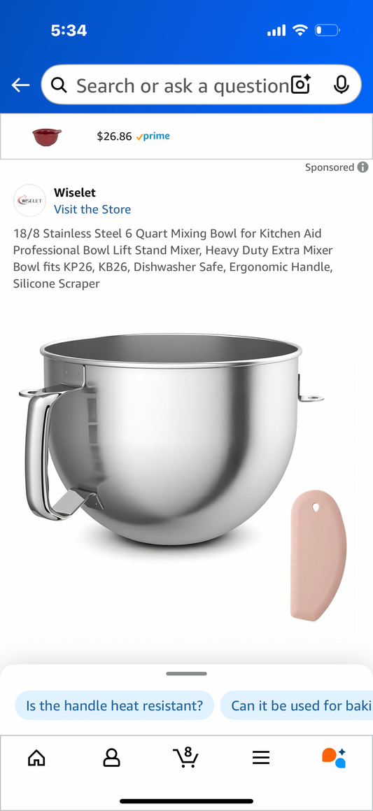 18/8 Stainless Steel 6 Quart Mixing Bowl for Kitchen Aid Professional Bowl Lift Stand Mixer, Heavy Duty Extra Mixer Bowl fits KP26, KB26, Dishwasher Safe, Ergonomic Handle, Silicone Scraper
