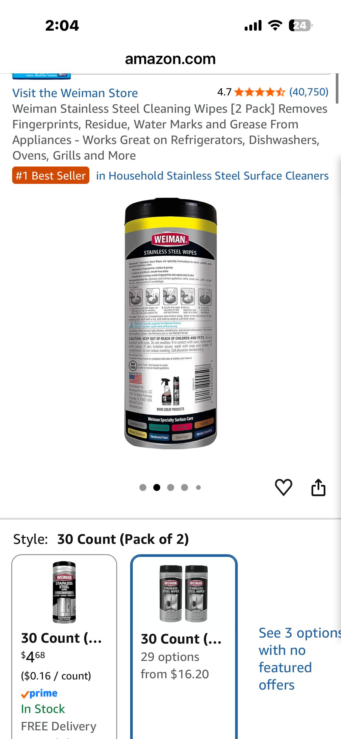 Weiman Stainless Steel Cleaning Wipes [2 Pack] Removes Fingerprints, Residue, Water Marks and Grease From Appliances - Works Great on Refrigerators, Dishwashers, Ovens, Grills and More