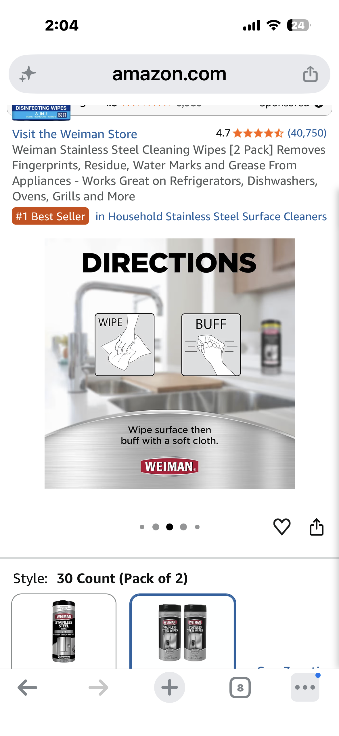 Weiman Stainless Steel Cleaning Wipes [2 Pack] Removes Fingerprints, Residue, Water Marks and Grease From Appliances - Works Great on Refrigerators, Dishwashers, Ovens, Grills and More