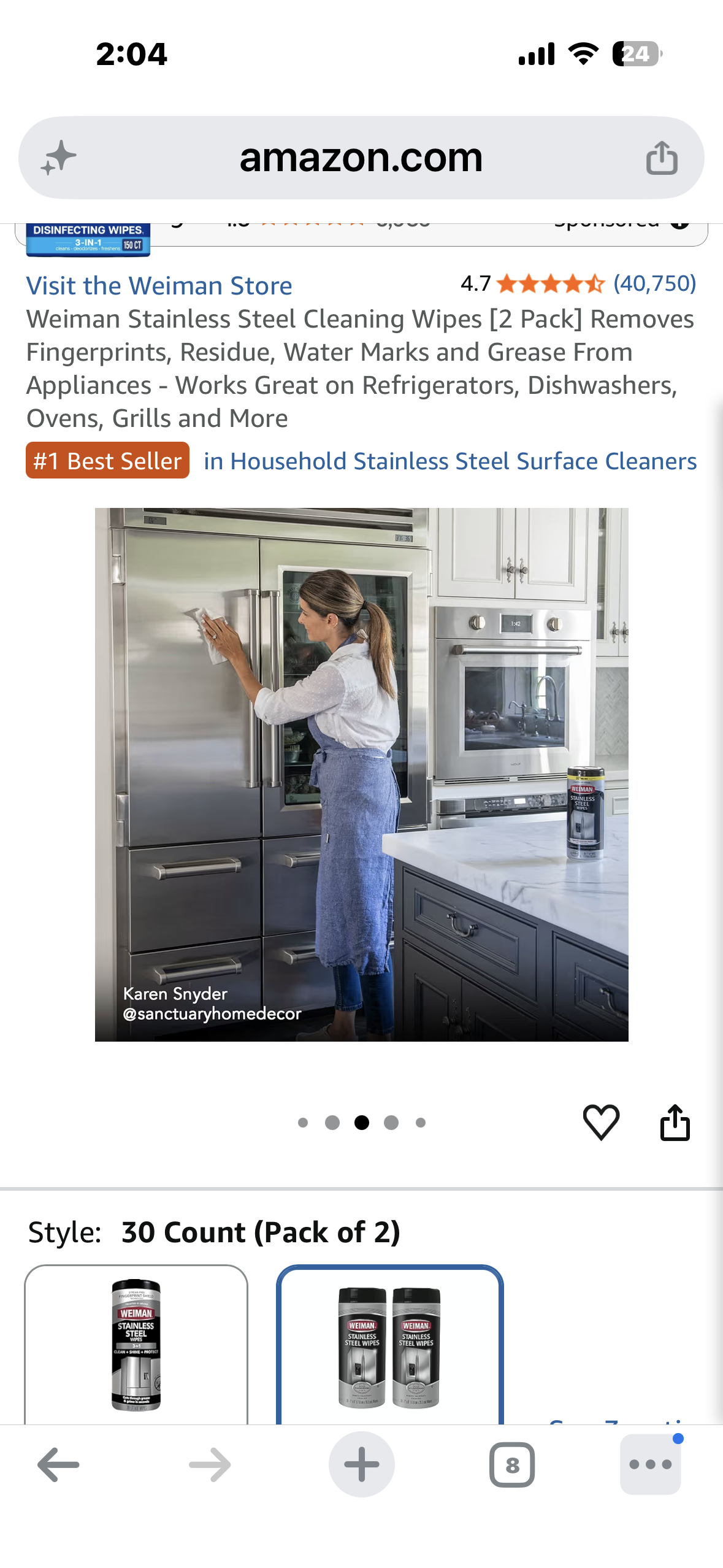 Weiman Stainless Steel Cleaning Wipes [2 Pack] Removes Fingerprints, Residue, Water Marks and Grease From Appliances - Works Great on Refrigerators, Dishwashers, Ovens, Grills and More