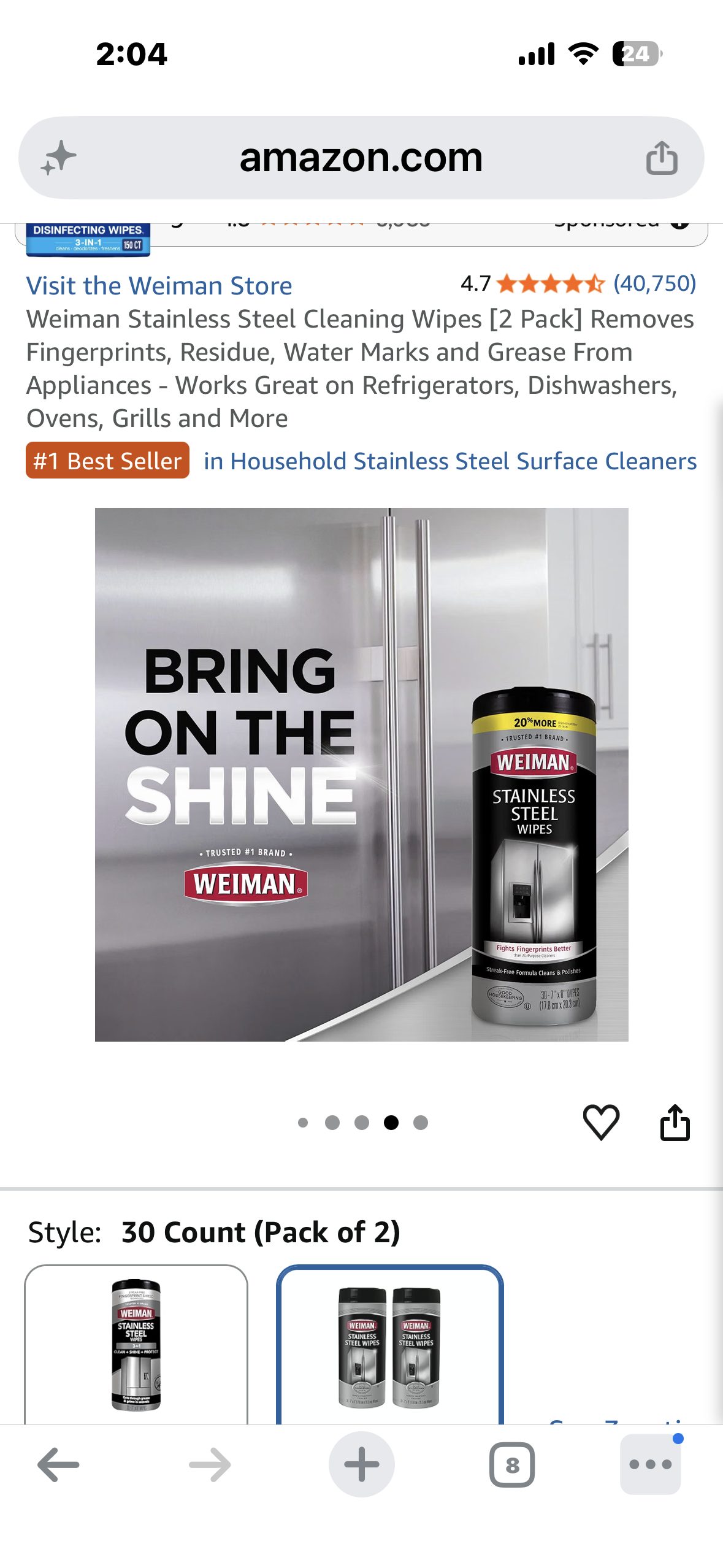 Weiman Stainless Steel Cleaning Wipes [2 Pack] Removes Fingerprints, Residue, Water Marks and Grease From Appliances - Works Great on Refrigerators, Dishwashers, Ovens, Grills and More