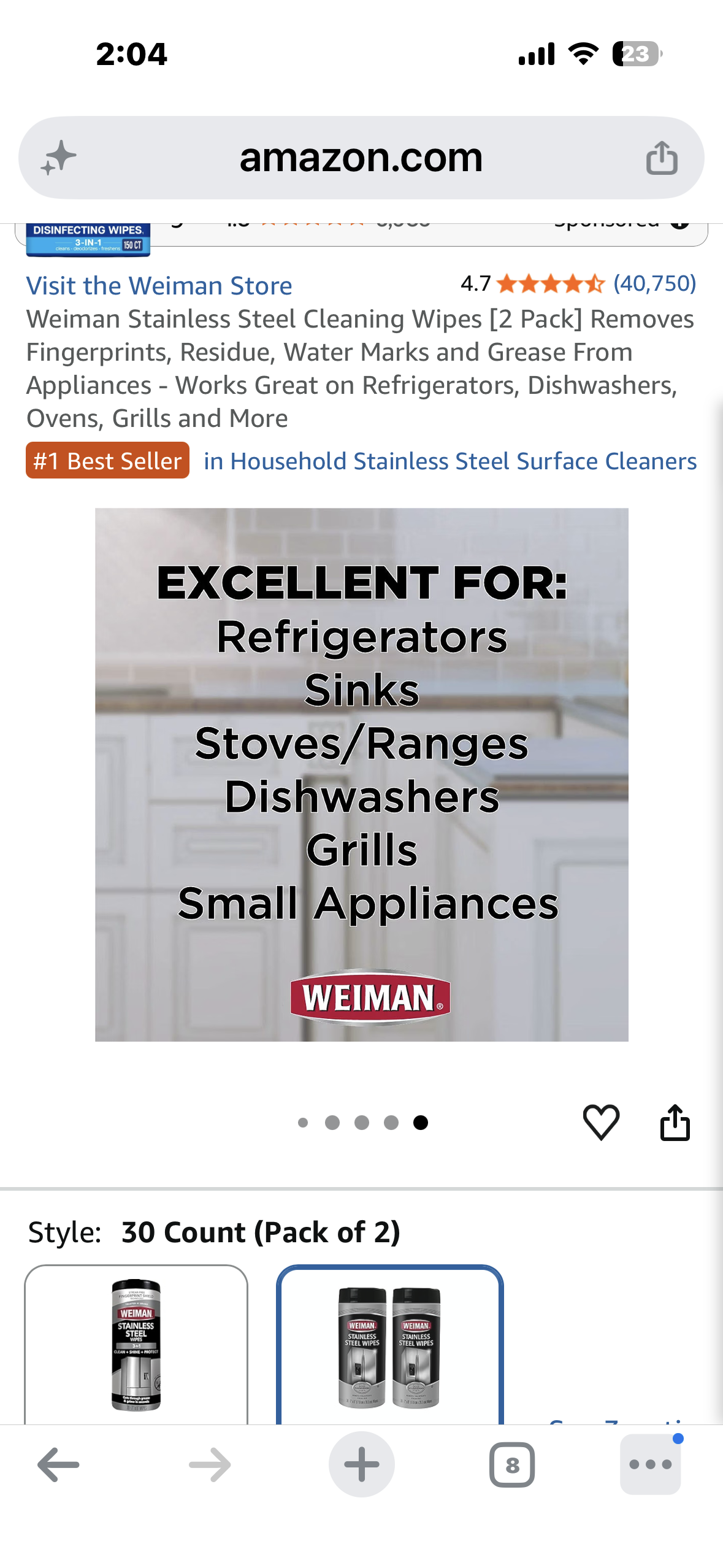 Weiman Stainless Steel Cleaning Wipes [2 Pack] Removes Fingerprints, Residue, Water Marks and Grease From Appliances - Works Great on Refrigerators, Dishwashers, Ovens, Grills and More
