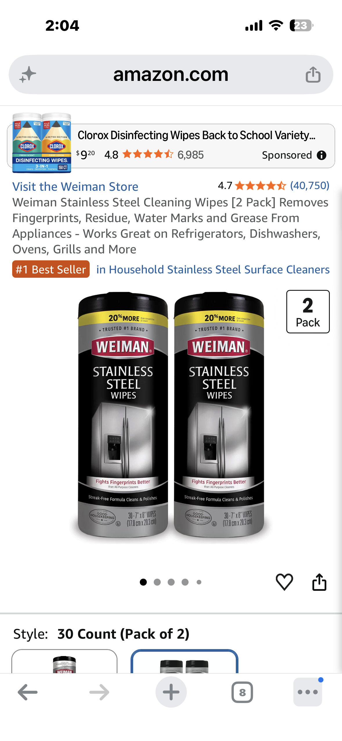 Weiman Stainless Steel Cleaning Wipes [2 Pack] Removes Fingerprints, Residue, Water Marks and Grease From Appliances - Works Great on Refrigerators, Dishwashers, Ovens, Grills and More