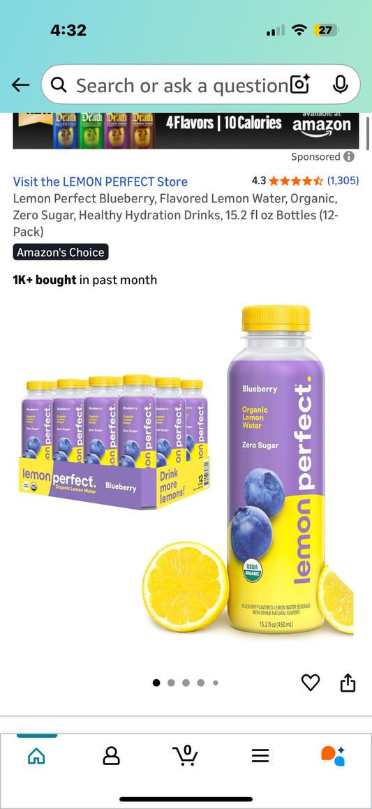 Lemon Perfect Blueberry, Flavored Lemon Water, Organic, Zero Sugar, Healthy Hydration Drinks, 15.2 fl oz Bottles (12-Pack
