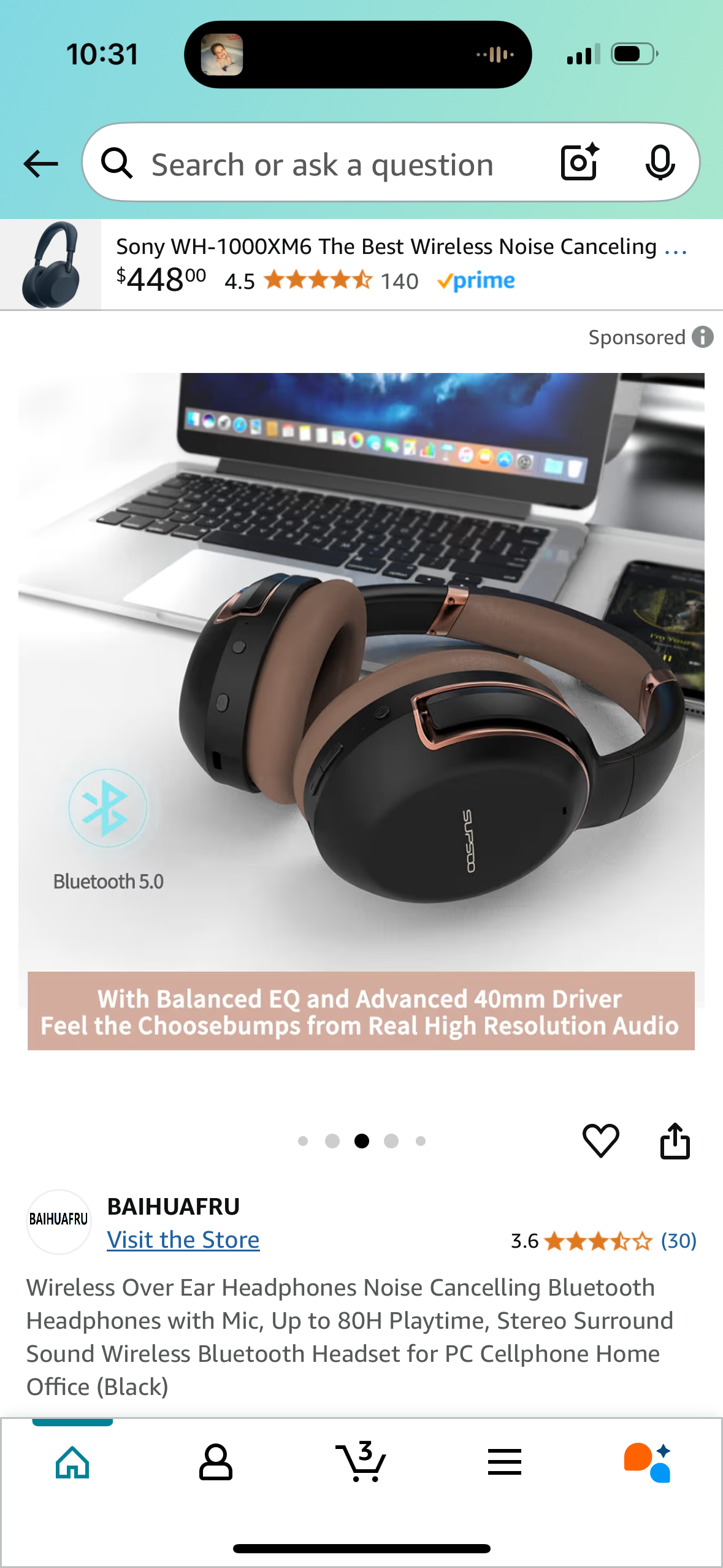 Wireless Over Ear Headphones Noise Cancelling Bluetooth Headphones with Mic, Up to 80H Playtime, Stereo Surround Sound Wireless Bluetooth Headset for PC Cellphone Home Office (Black)