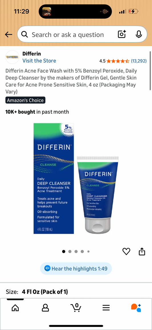 Differin Acne Face Wash with 5% Benzoyl Peroxide, Daily Deep Cleanser by the makers of Differin Gel, Gentle Skin Care for Acne Prone Sensitive Skin, 4 oz (Packaging May Vary)