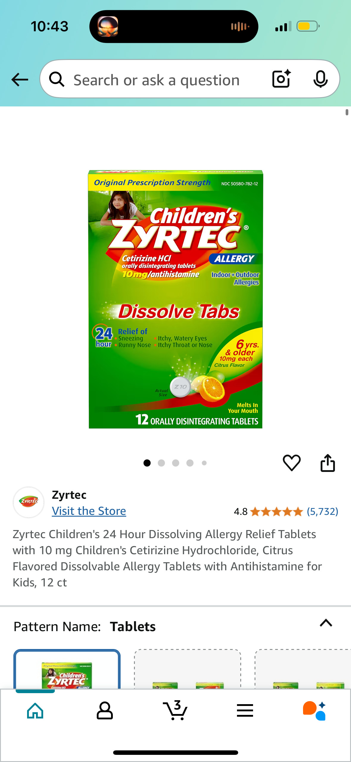 Zyrtec Children's 24 Hour Dissolving Allergy Relief Tablets with 10 mg Children's Cetirizine Hydrochloride, Citrus Flavored Dissolvable Allergy Tablets with Antihistamine for Kids, 12 ct