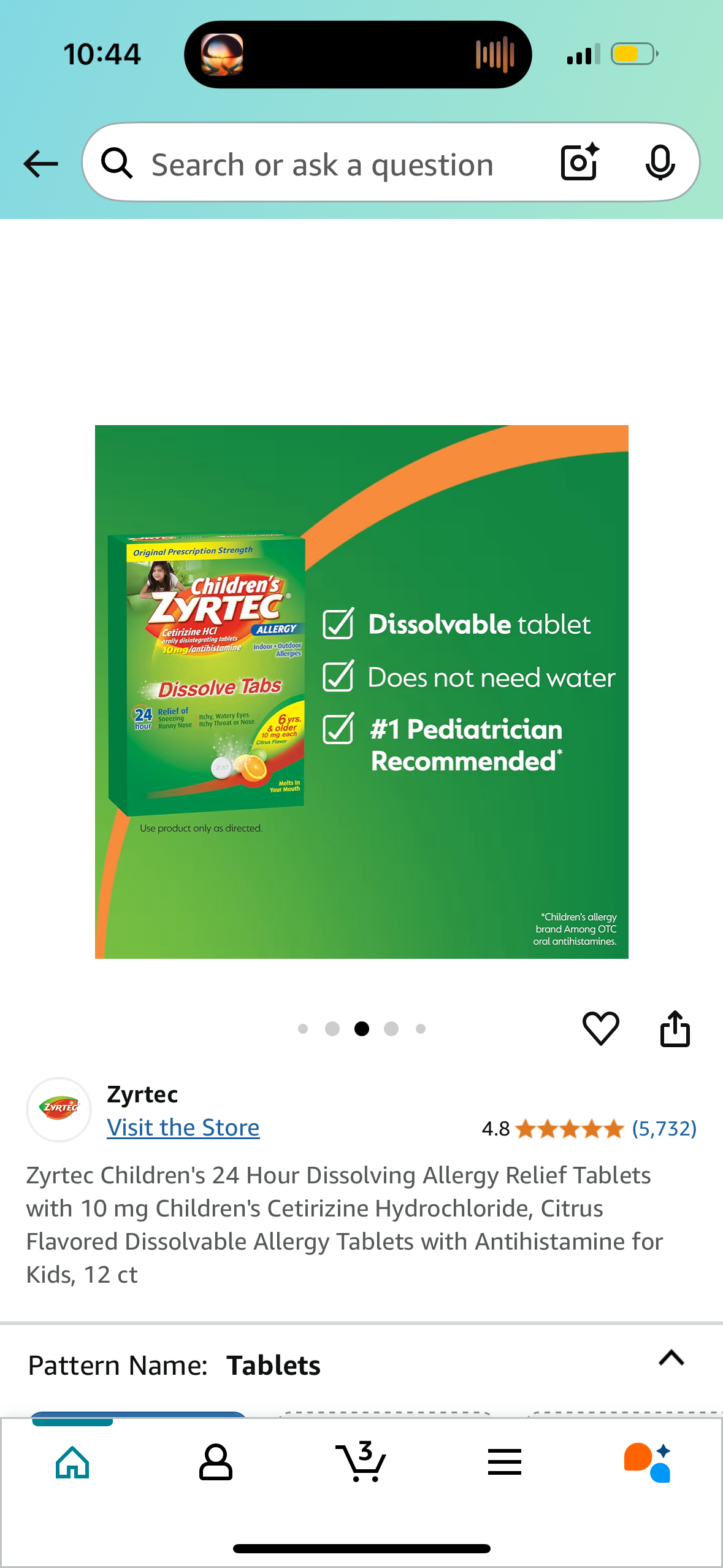 Zyrtec Children's 24 Hour Dissolving Allergy Relief Tablets with 10 mg Children's Cetirizine Hydrochloride, Citrus Flavored Dissolvable Allergy Tablets with Antihistamine for Kids, 12 ct