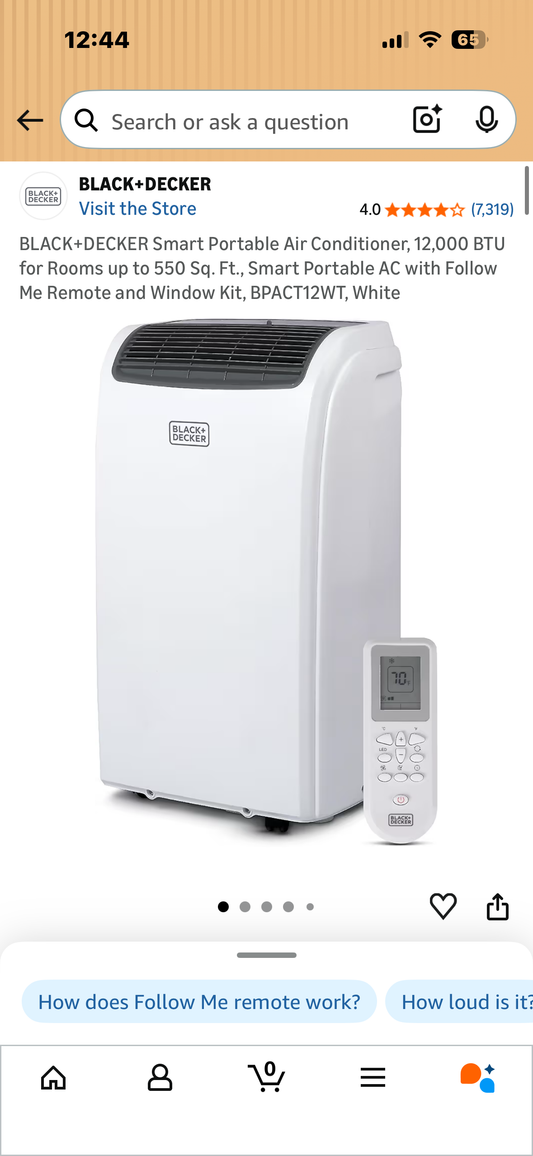 BLACK+DECKER Smart Portable Air Conditioner, 12,000 BTU for Rooms up to 550 Sq. Ft., Smart Portable AC with Follow Me Remote and Window Kit, BPACT12WT, White (R904)