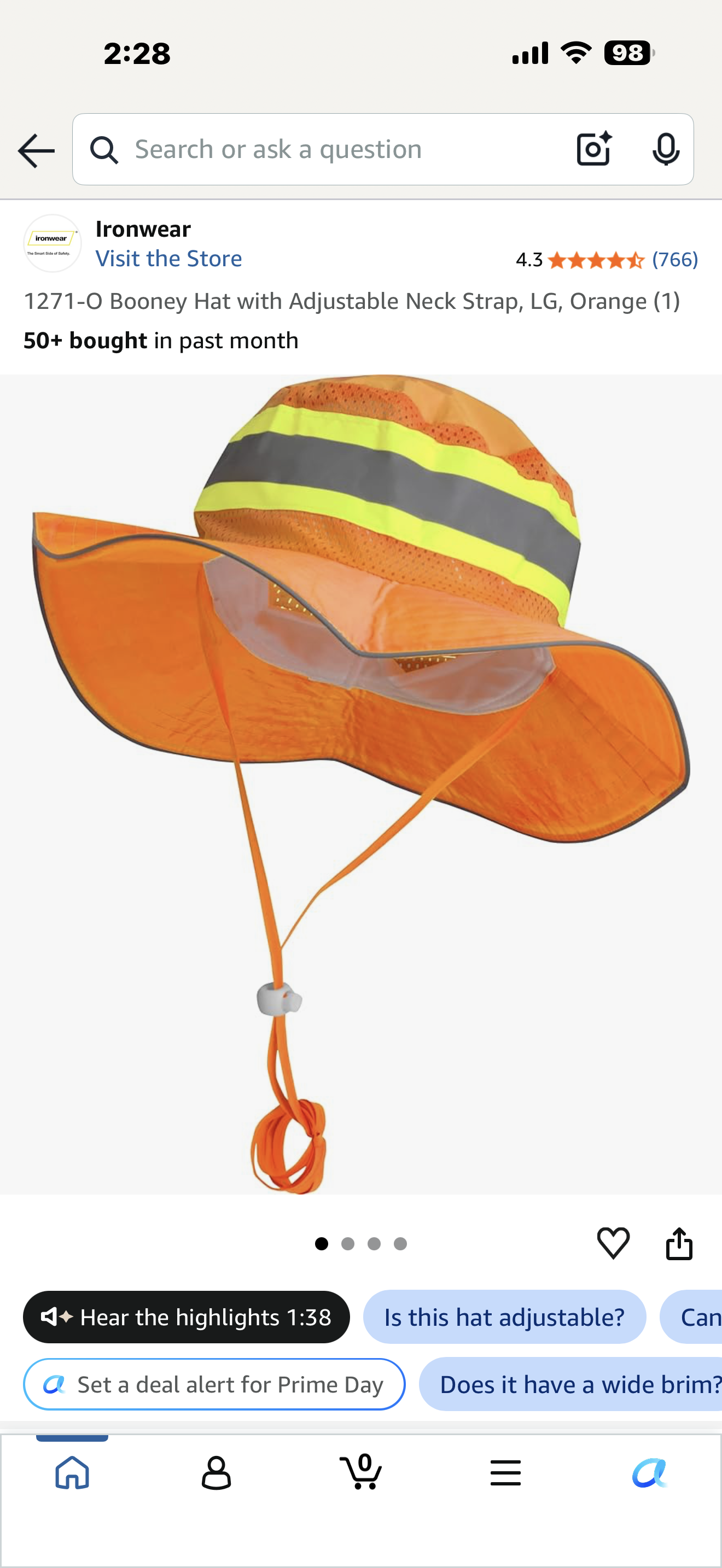 Booney Hat with Adjustable Neck Strap, LG, Orange