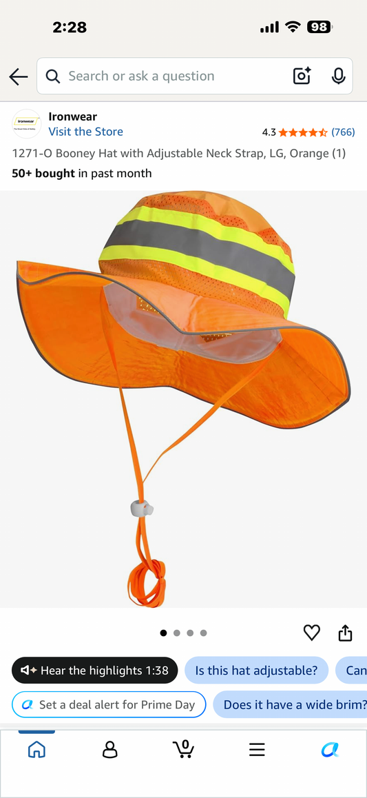 Booney Hat with Adjustable Neck Strap, LG, Orange