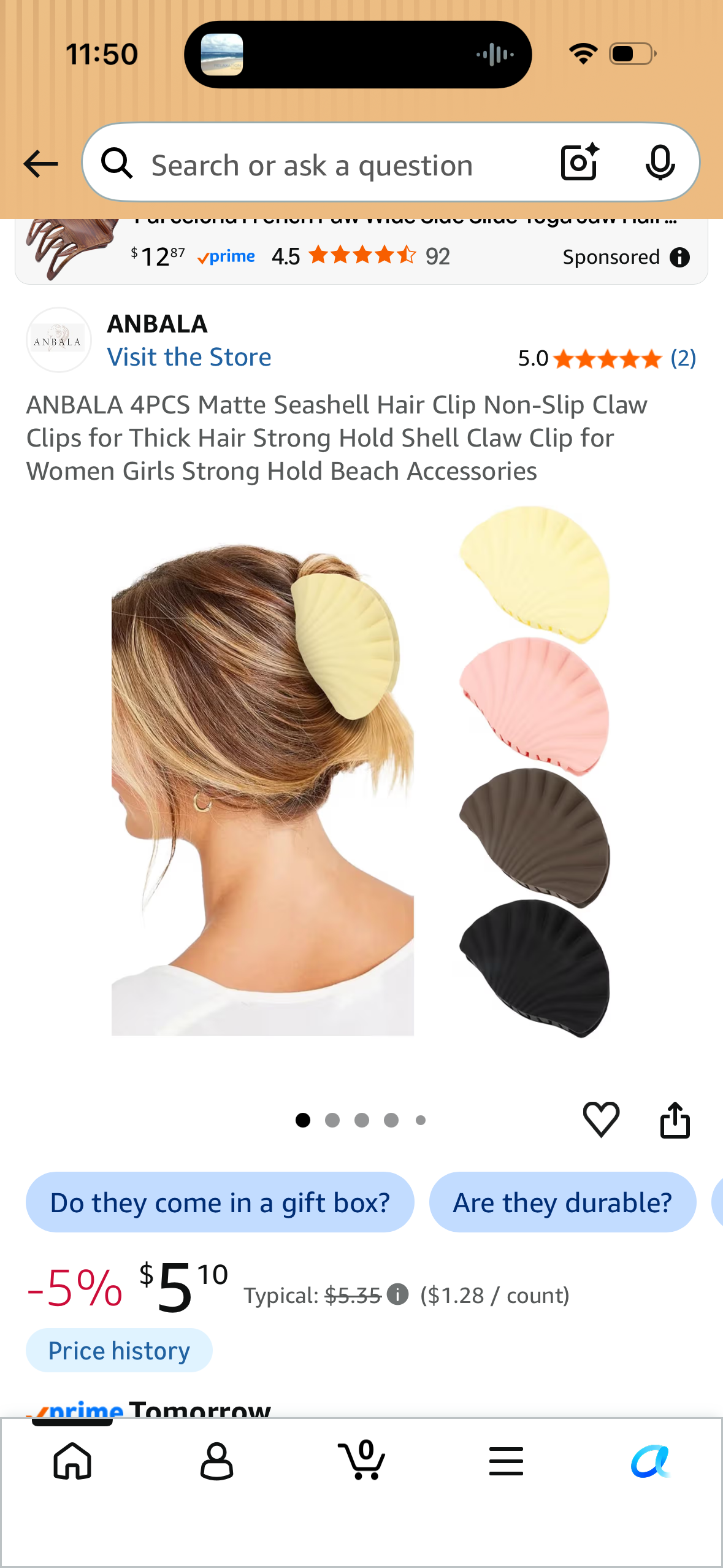ANBALA 4PCS Matte Seashell Hair Clip Non-Slip Claw Clips for Thick Hair Strong Hold Shell Claw Clip for Women Girls Strong Hold Beach Accessories