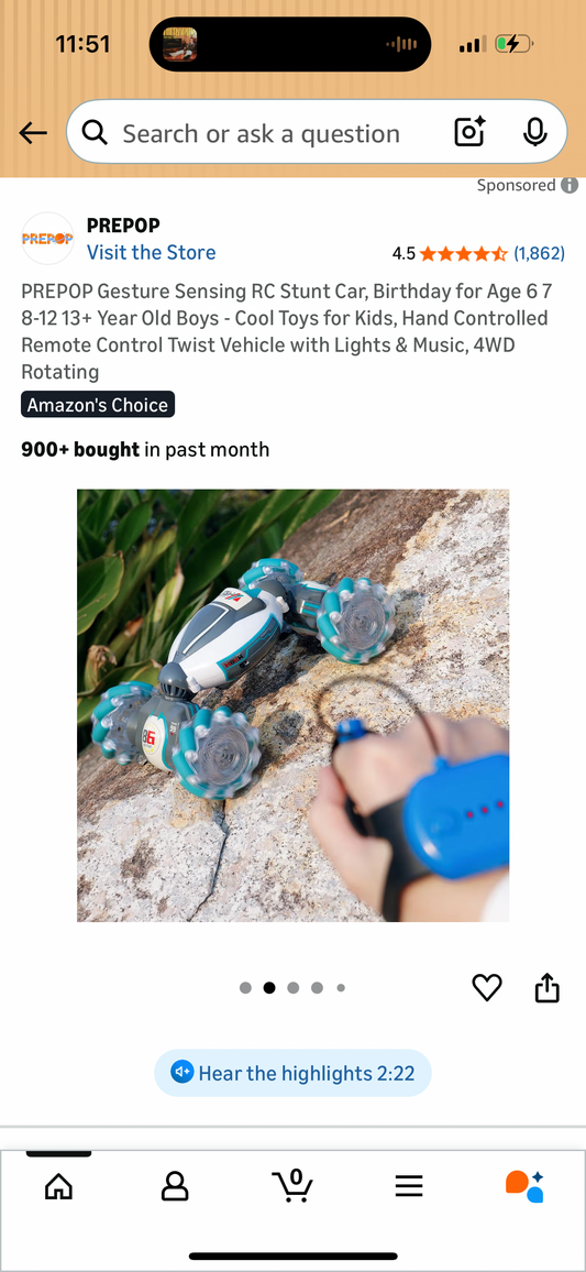 PREPOP Gesture Sensing RC Stunt Car, Birthday for Age 6 7 8-12 13+ Year Old Boys - Cool Toys for Kids, Hand Controlled Remote Control Twist Vehicle with Lights & Music, 4WD Rotating