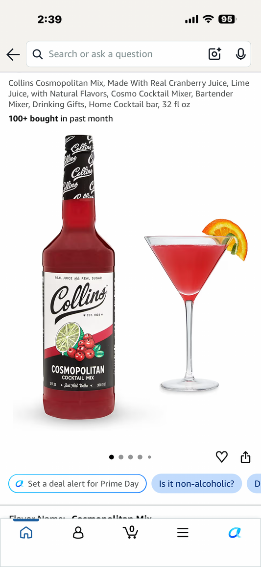 Collins Cosmopolitan Mix, Made With Real Cranberry Juice, Lime Juice, with Natural Flavors, Cosmo Cocktail Mixer, Bartender Mixer, Drinking Gifts, Home Cocktail bar, 32 fl oz