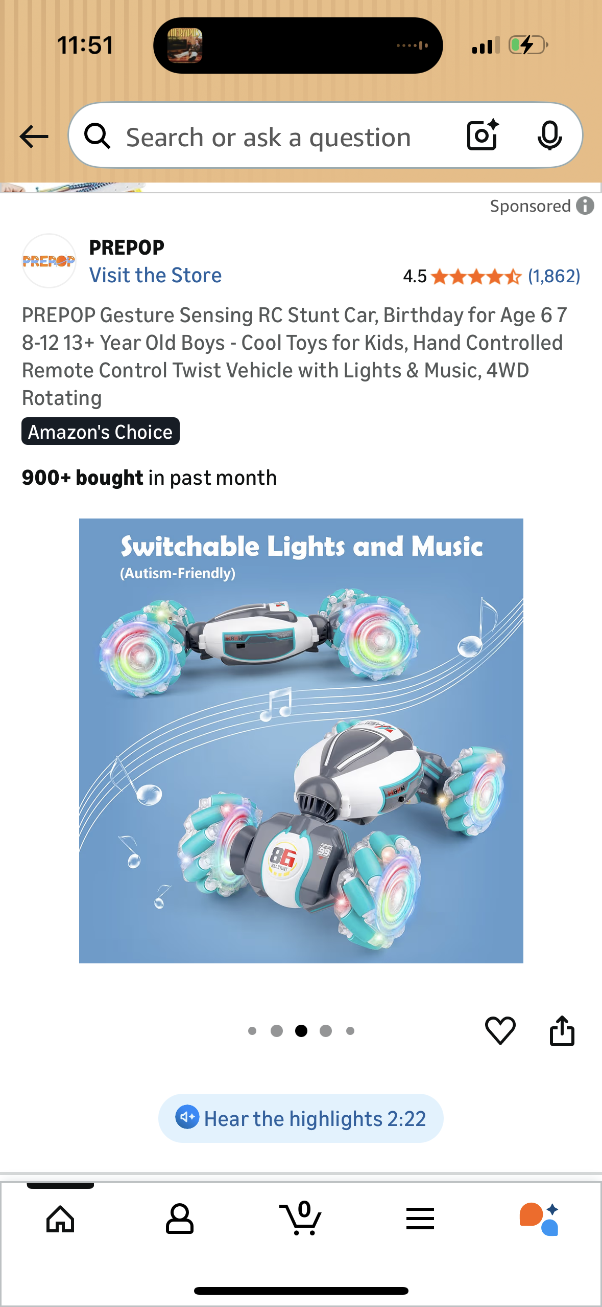 PREPOP Gesture Sensing RC Stunt Car, Birthday for Age 6 7 8-12 13+ Year Old Boys - Cool Toys for Kids, Hand Controlled Remote Control Twist Vehicle with Lights & Music, 4WD Rotating