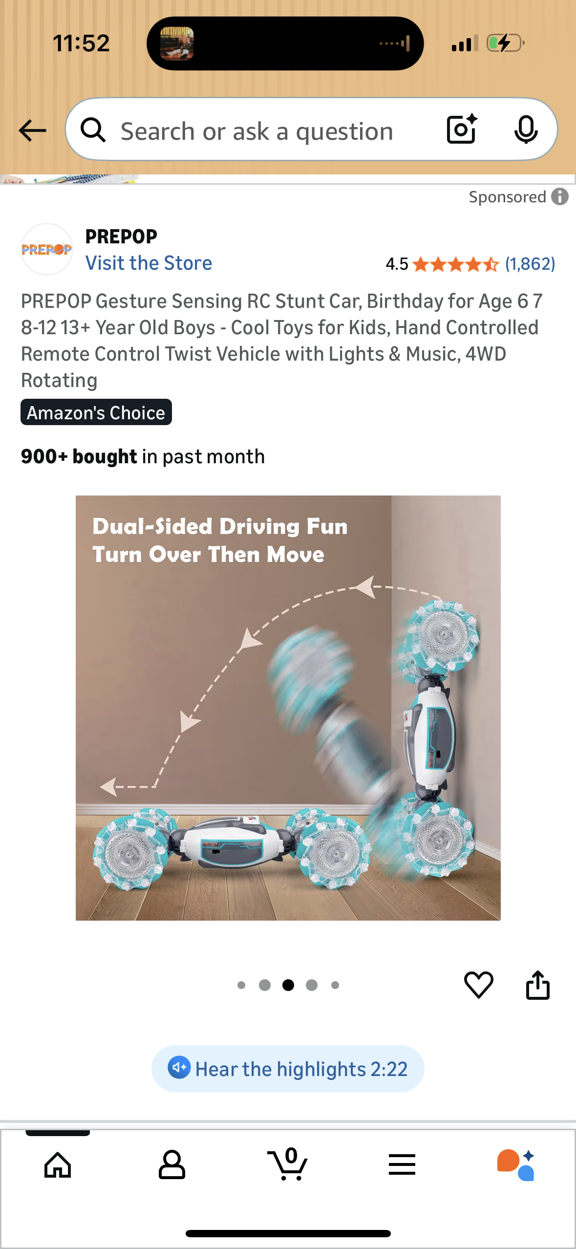 PREPOP Gesture Sensing RC Stunt Car, Birthday for Age 6 7 8-12 13+ Year Old Boys - Cool Toys for Kids, Hand Controlled Remote Control Twist Vehicle with Lights & Music, 4WD Rotating