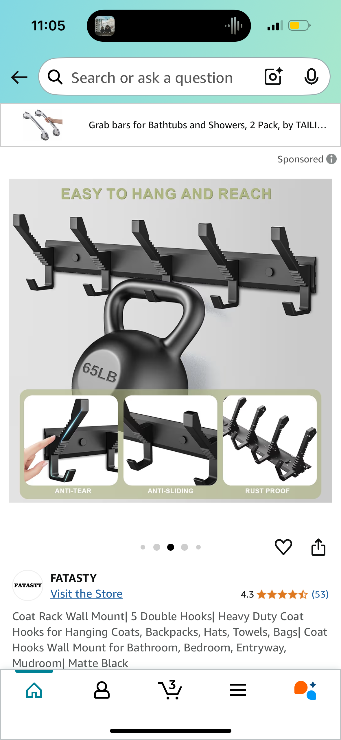 Coat Rack Wall Mount| 5 Double Hooks| Heavy Duty Coat Hooks for Hanging Coats, Backpacks, Hats, Towels, Bags| Coat Hooks Wall Mount for Bathroom, Bedroom, Entryway, Mudroom| Matte Black