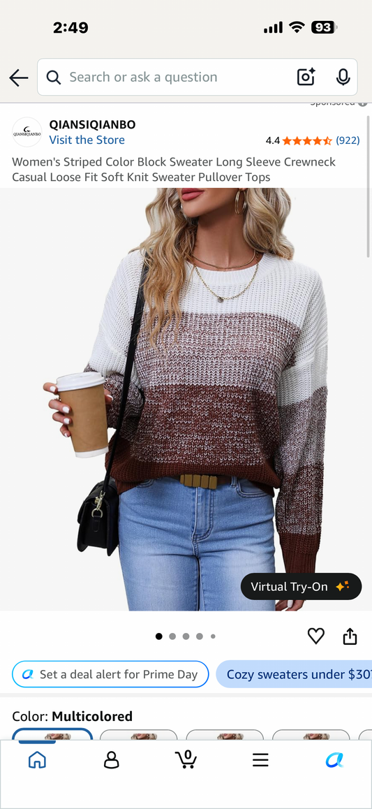 Women's Striped Color Block Sweater Long Sleeve Crewneck Casual Loose Fit Soft Knit Sweater Pullover Tops (Size Large)