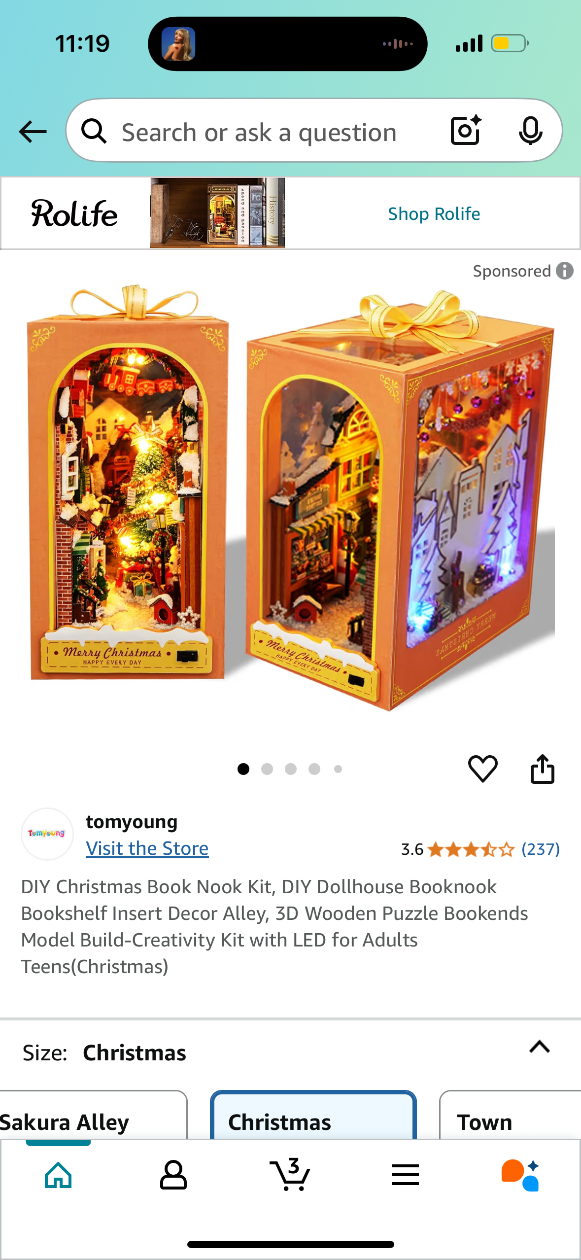 DIY Christmas Book Nook Kit, DIY Dollhouse Booknook Bookshelf Insert Decor Alley, 3D Wooden Puzzle Bookends Model Build-Creativity Kit with LED for Adults Teens(Christmas)