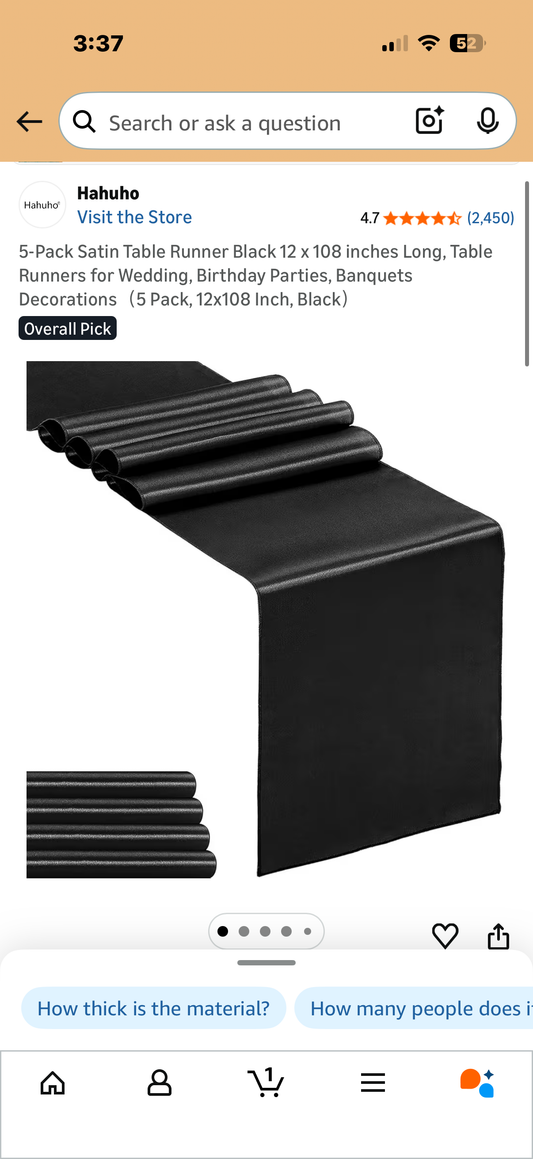 5-Pack Satin Table Runner Black 12 x 108 inches Long, Table Runners for Wedding, Birthday Parties, Banquets Decorations（5 Pack, 12x108 Inch, Black