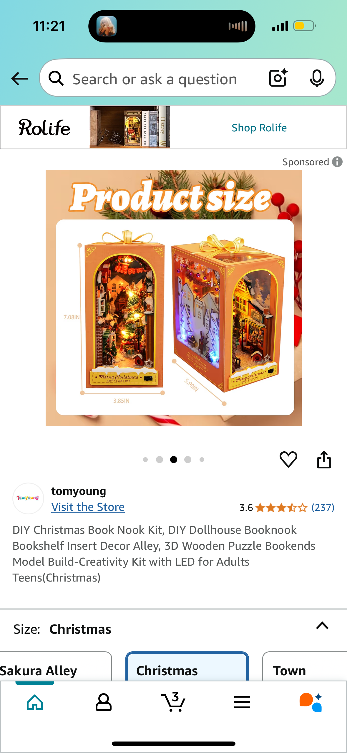 DIY Christmas Book Nook Kit, DIY Dollhouse Booknook Bookshelf Insert Decor Alley, 3D Wooden Puzzle Bookends Model Build-Creativity Kit with LED for Adults Teens(Christmas)