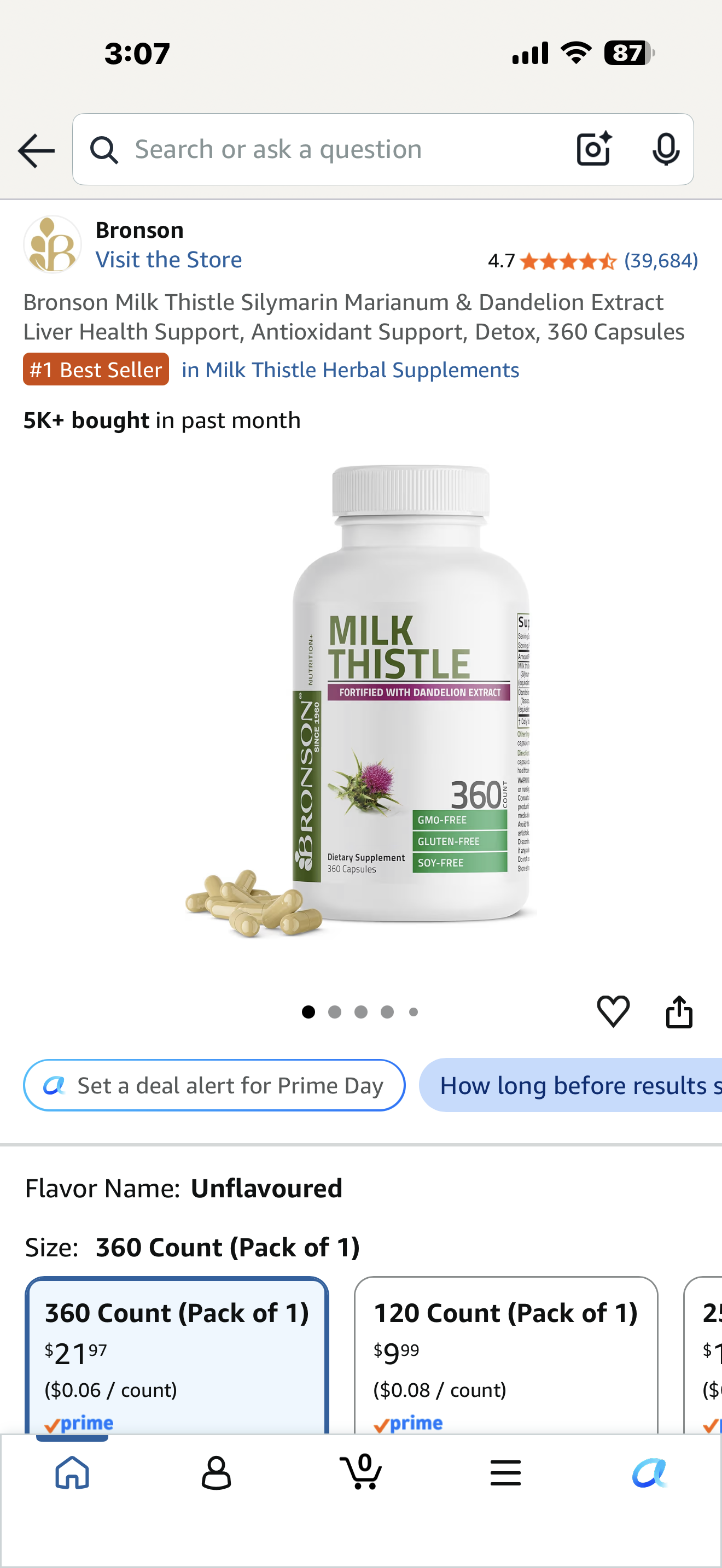 Bronson Milk Thistle Silymarin Marianum & Dandelion Extract Liver Health Support, Antioxidant Support, Detox, 360 Capsules (Exp 8/2026)