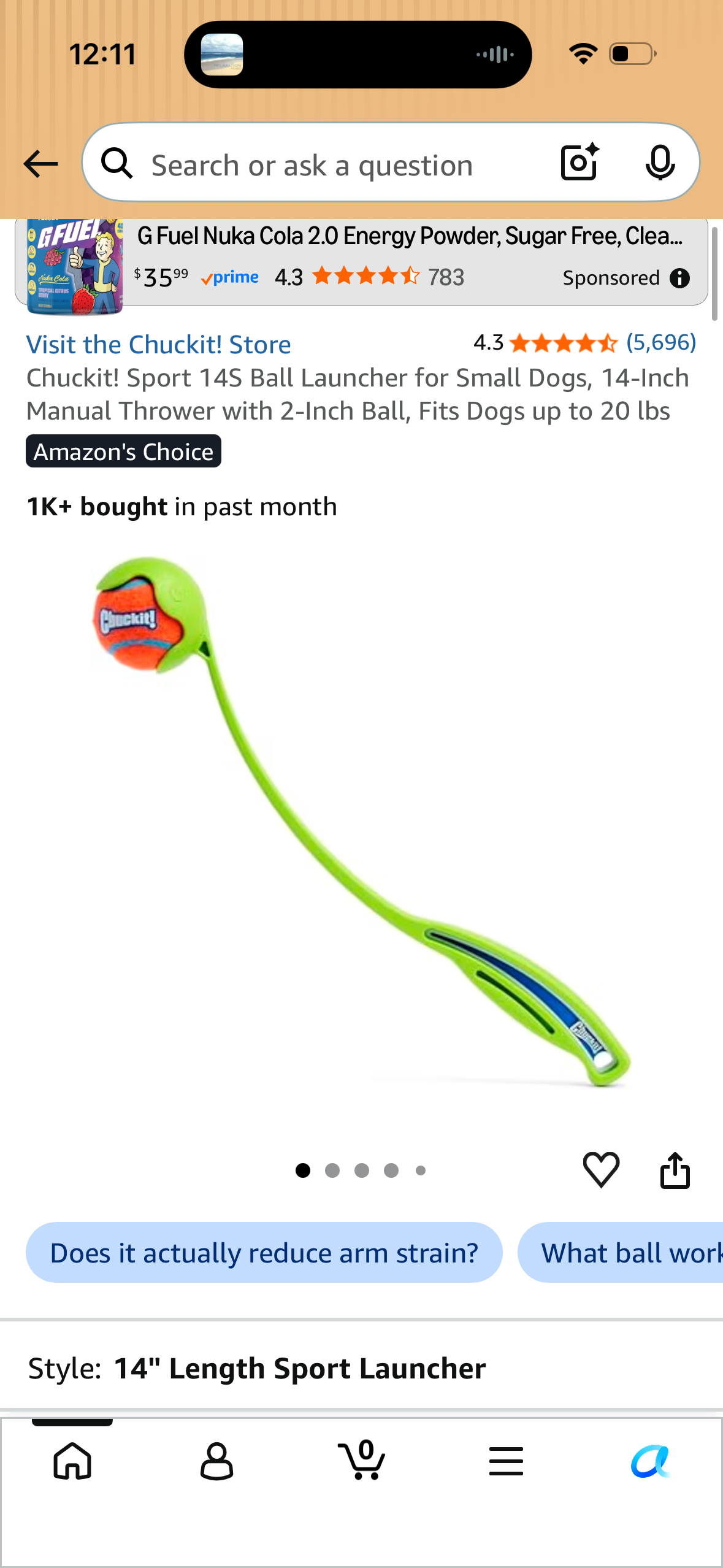 Chuckit! Sport 14S Ball Launcher for Small Dogs, 14-Inch Manual Thrower with 2-Inch Ball, Fits Dogs up to 20 lbs